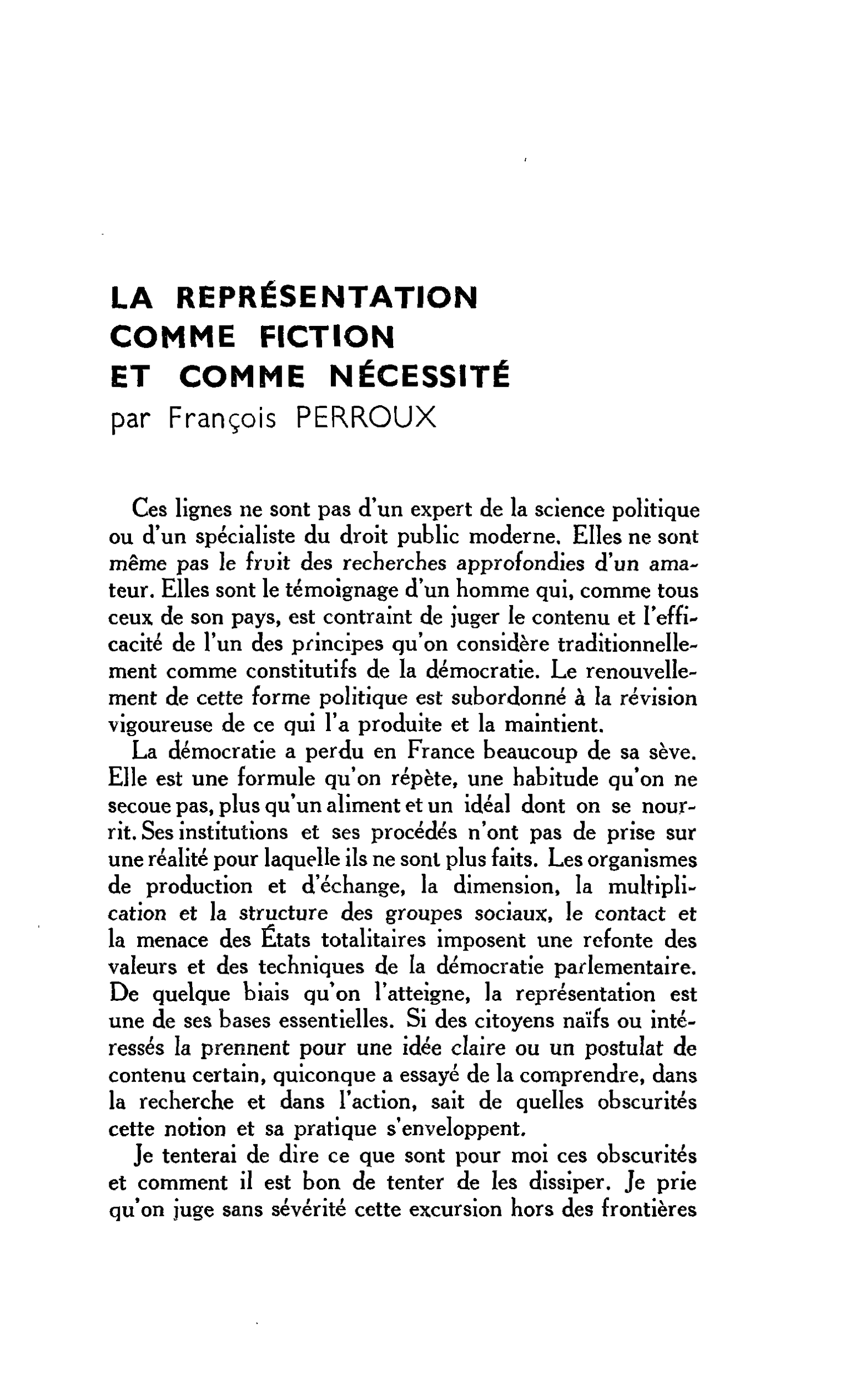 LA REPRÉSENTATION COMME FICTION ET COMME NÉCESSITÉ