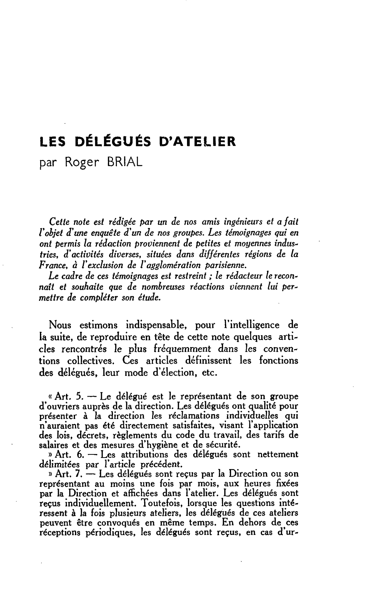 LES DÉLÉGUÉS D’ATELIER