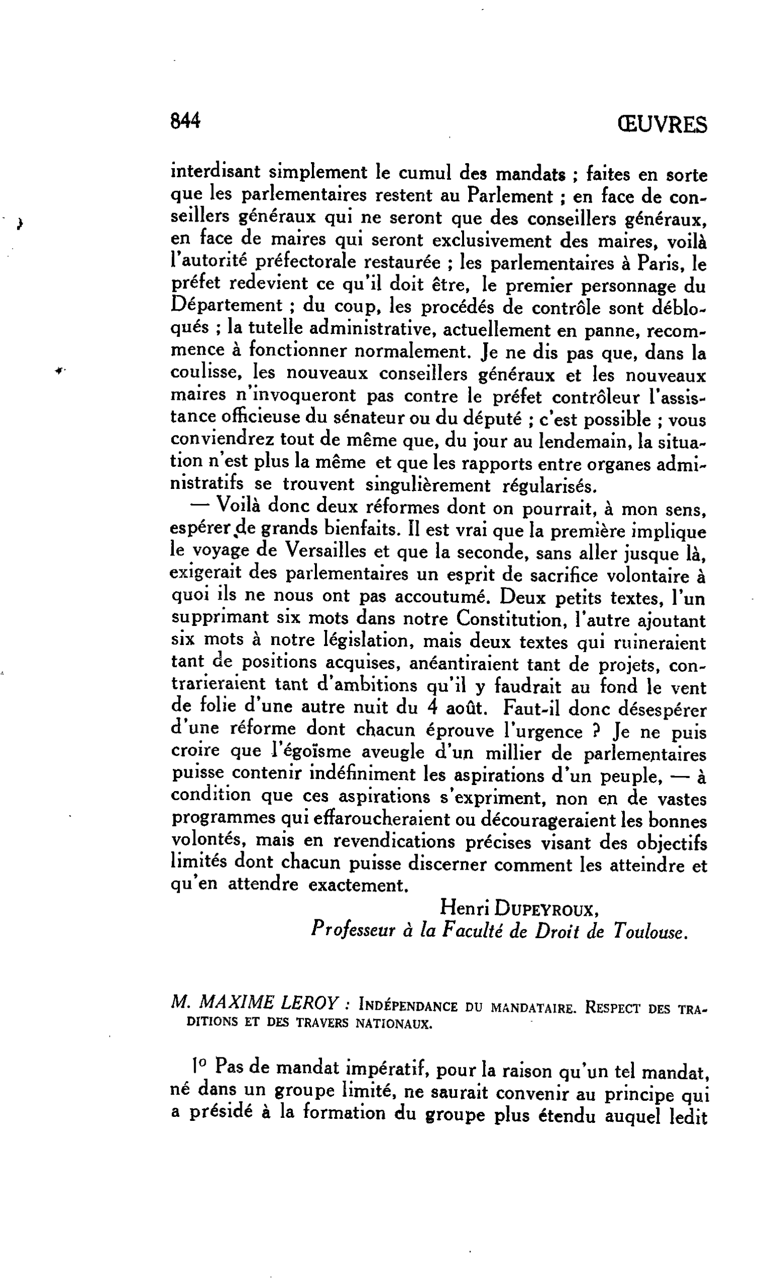 POINTS DE VUE DE QUELQUES JURISTES. M. MAXIME LEROY : Indépendance du mandataire. RESPECT DES TRADITIONS ET DES TRAVERS NATIONAUX