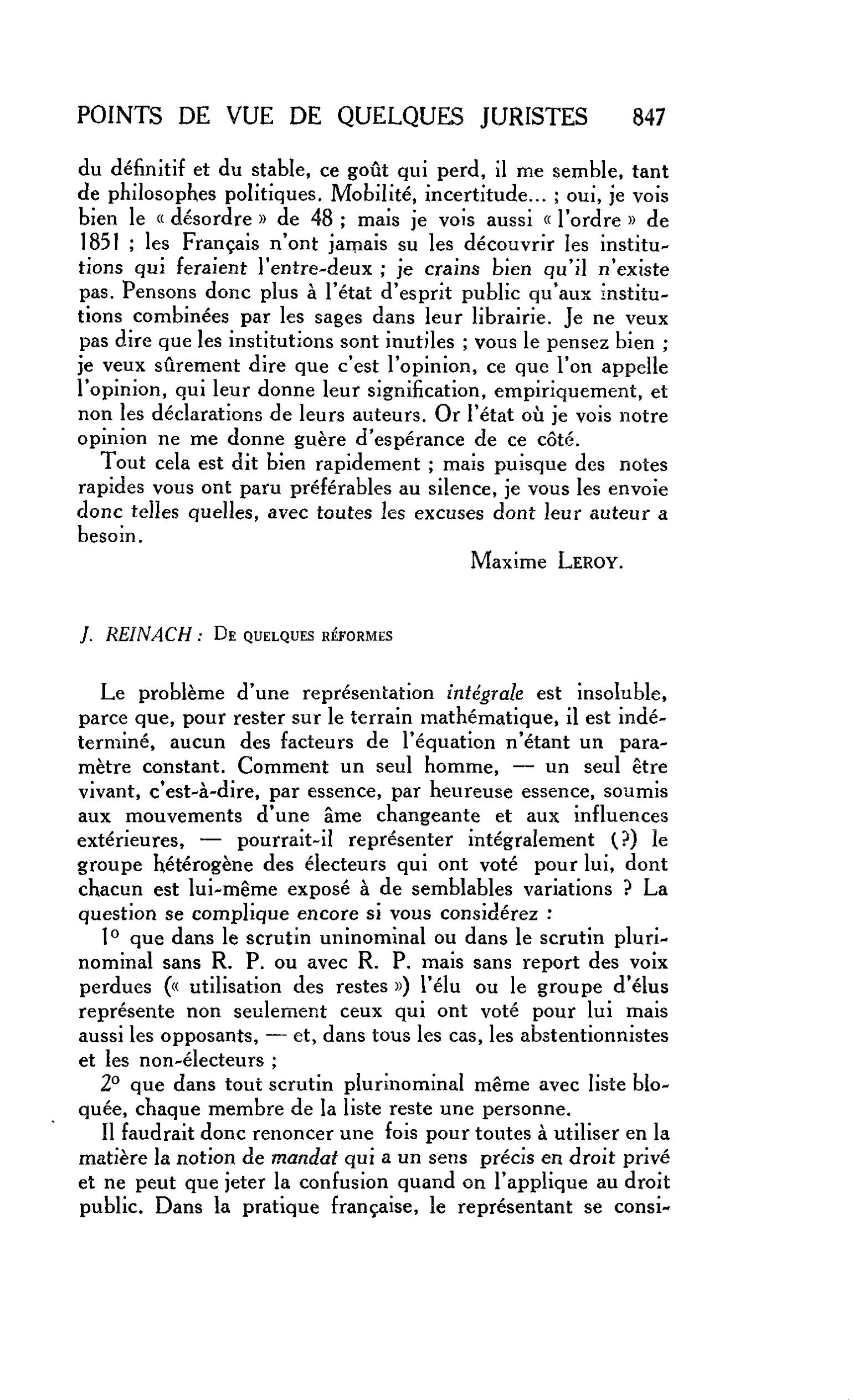 POINTS DE VUE DE QUELQUES JURISTES. J. REINACH : De quelques réformes