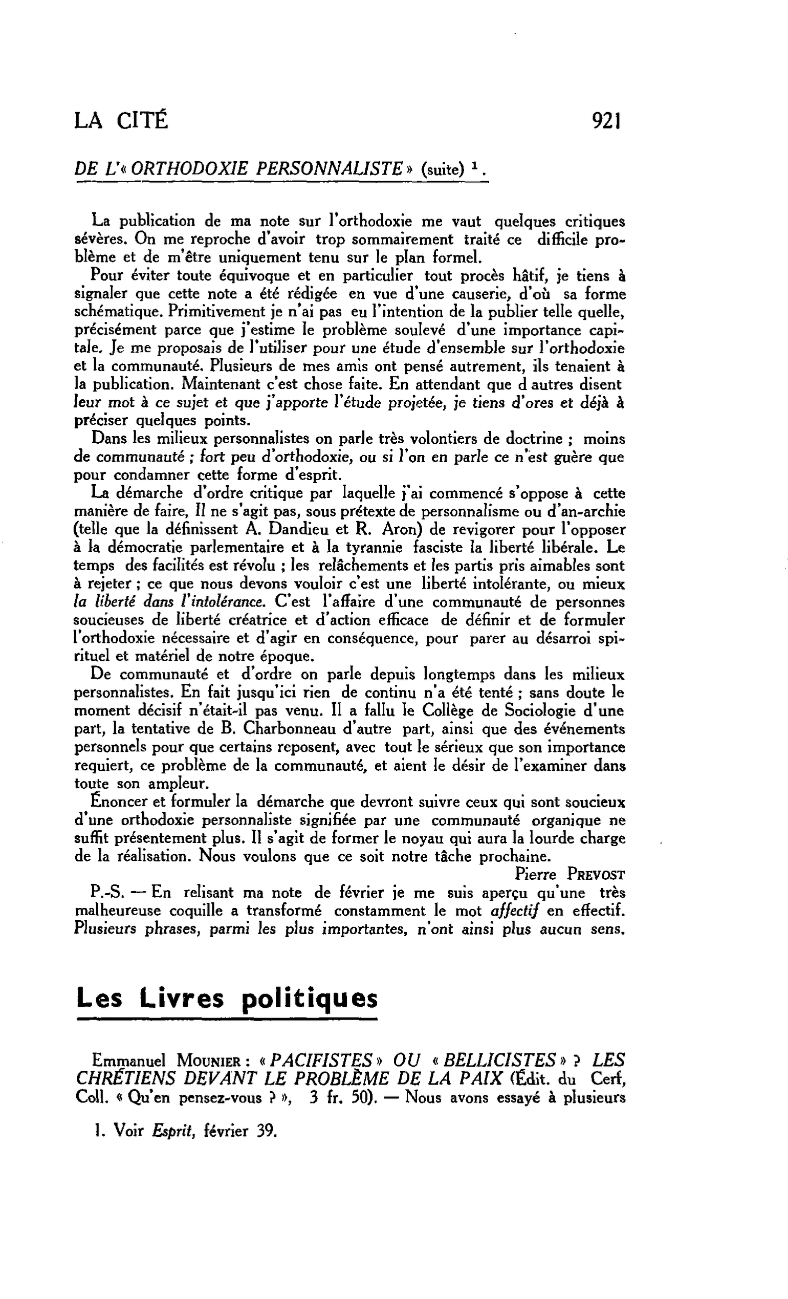 Les Livres politiques. Emmanuel Mounier : « PACIFISTES » OU « BELLICISTES »? LES CHRÉTIENS DEVANT LE PROBLÈME DE LA PAIX