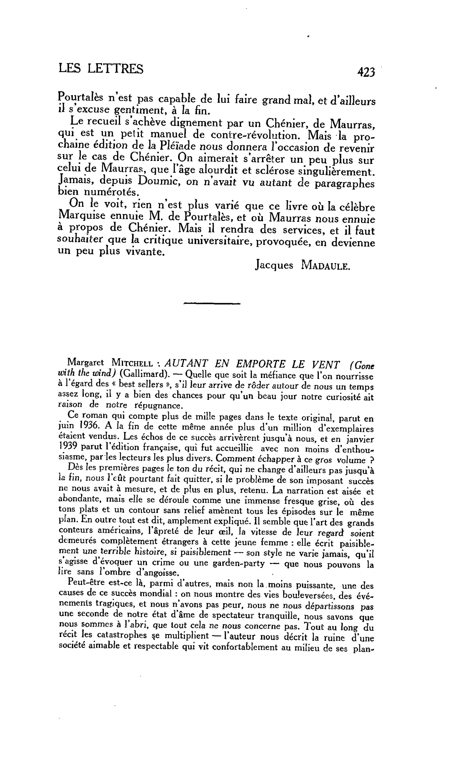 LES LETTRES. Le Roman. Margaret Mitchell : AUTANT EN EMPORTE LE VENT