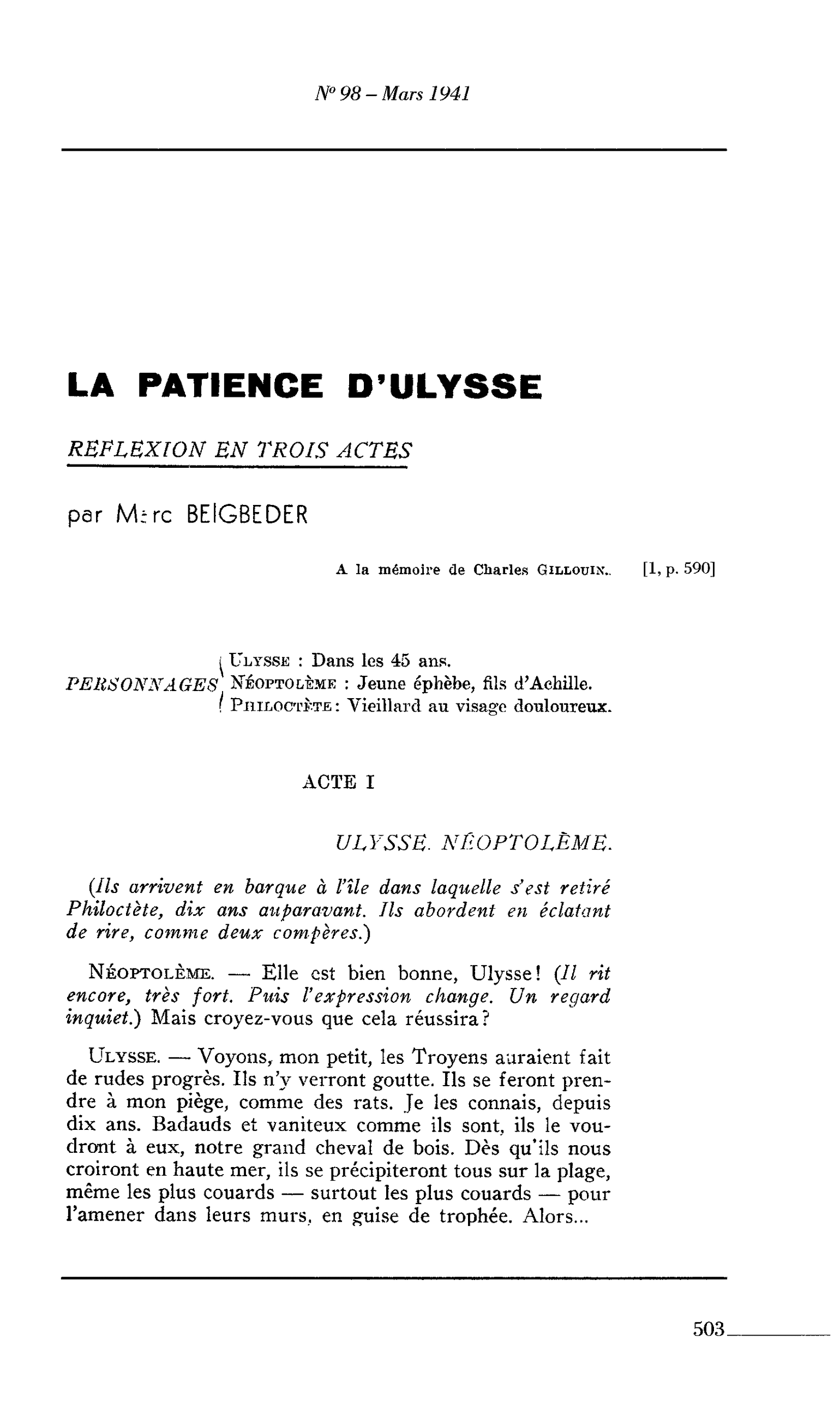 LA PATIENCE D’ULYSSE REFLEXION EN TROIS ACTES