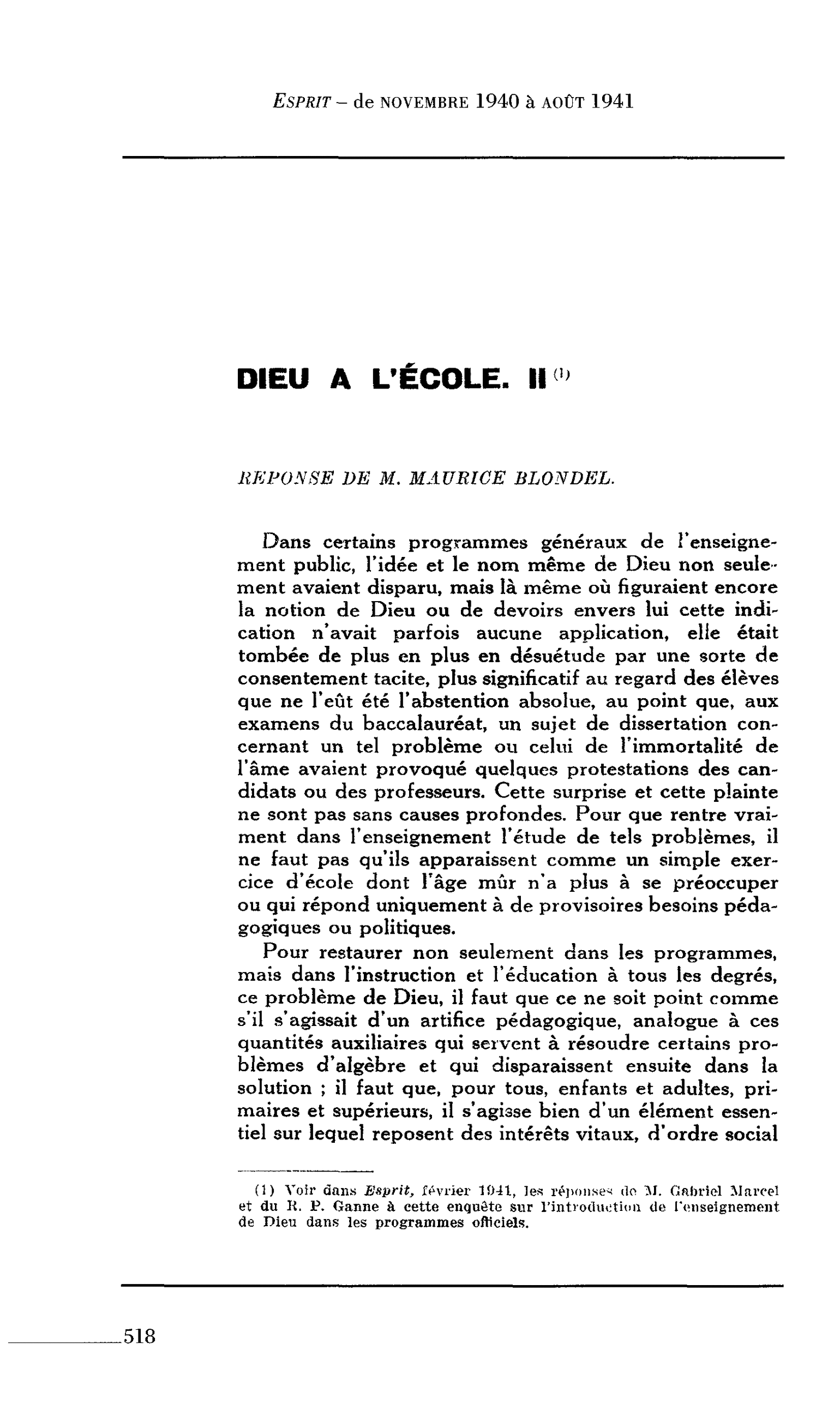 DIEU A L’ECOLE. Il