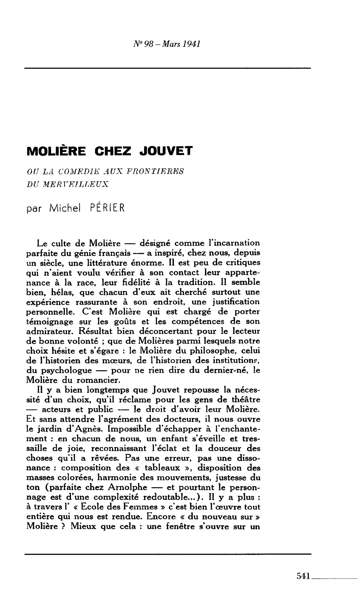 MOLIÈRE CHEZ JOUVET OU LA COMEDIE AUX FRONTIERES DU MERVEILLEUX