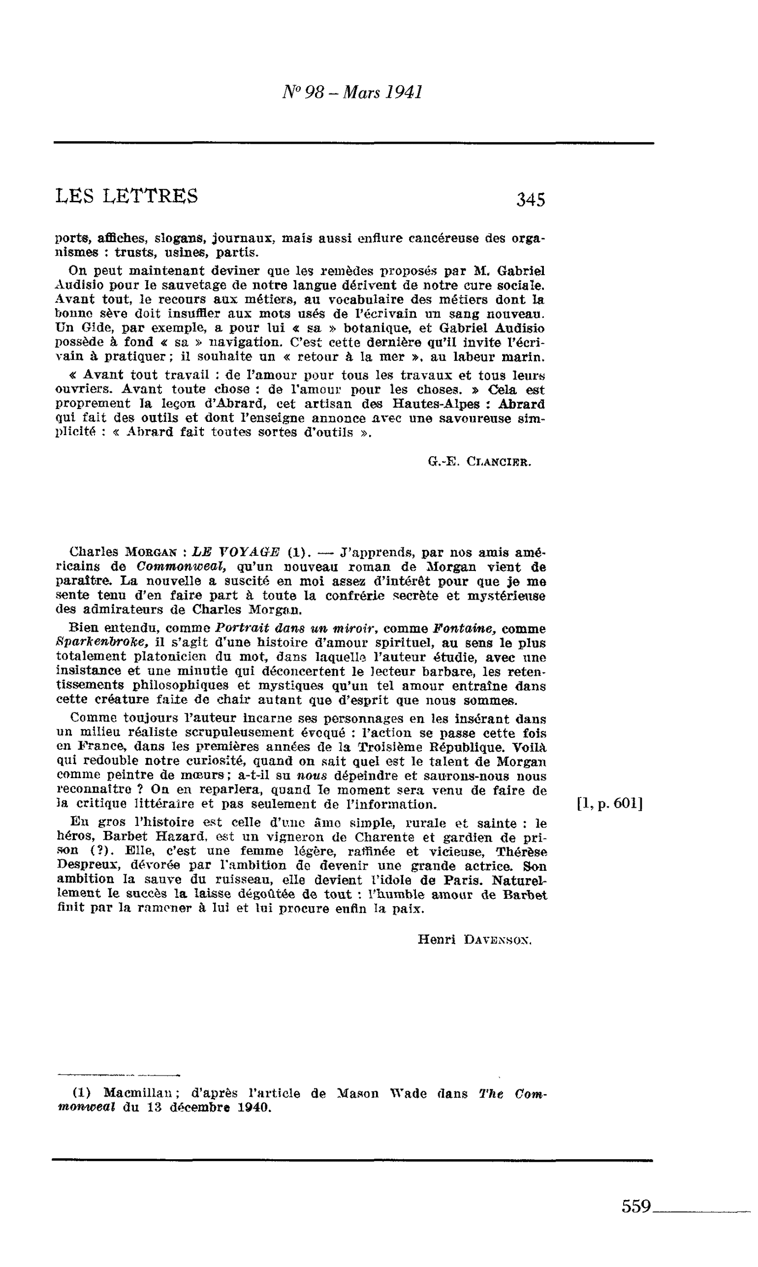 Les Lettres : Charles Morgan : LE VOYAGE