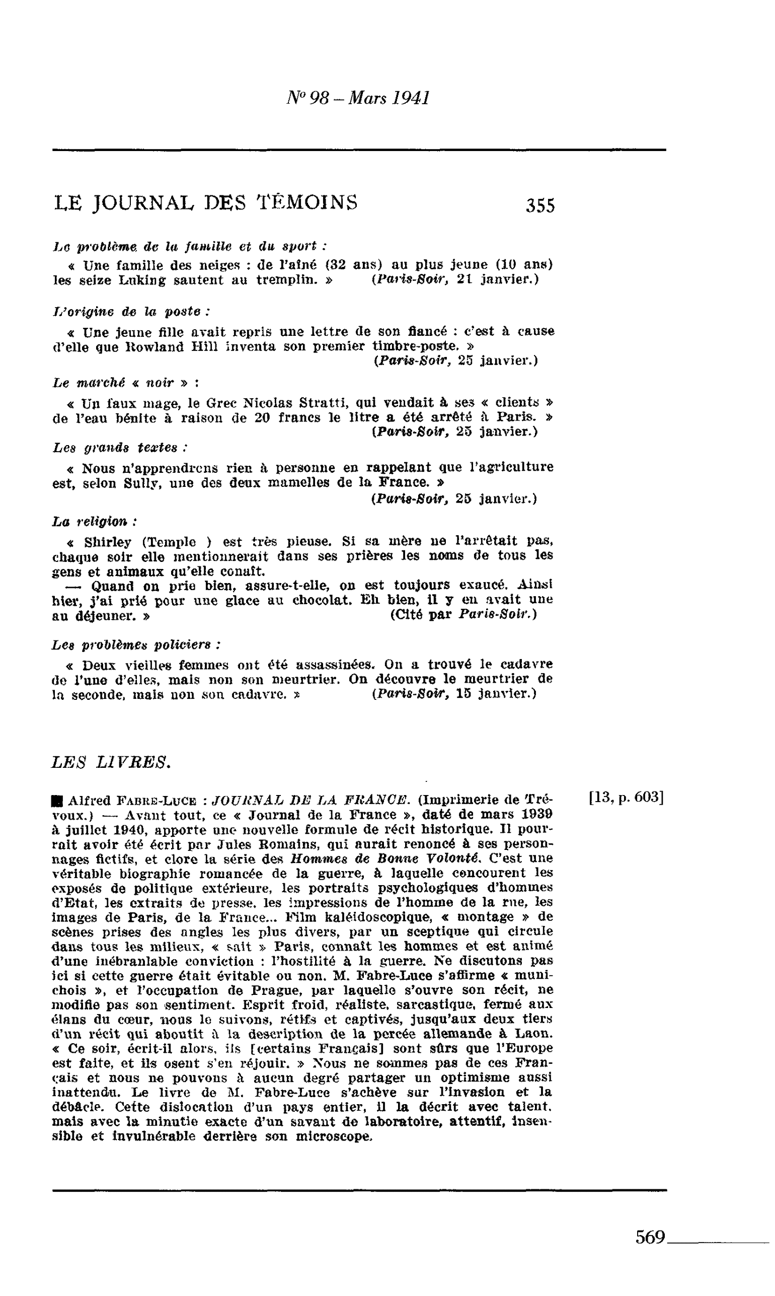 Journal des Témoins : LES LIVRES Alfred Fabre-Luce : JOURNAL DE LA FRANCE