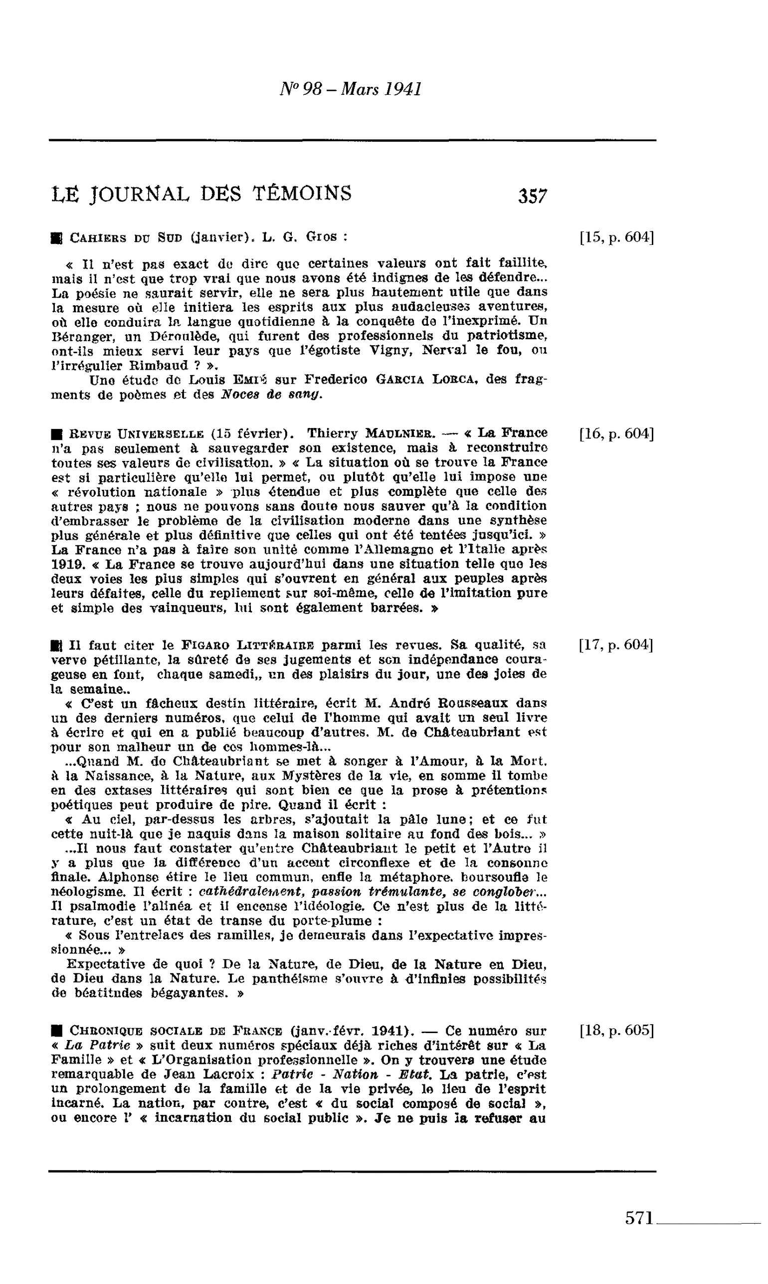 Journal des Témoins : Cahiers du Sud (janvier). L. G. Gros :