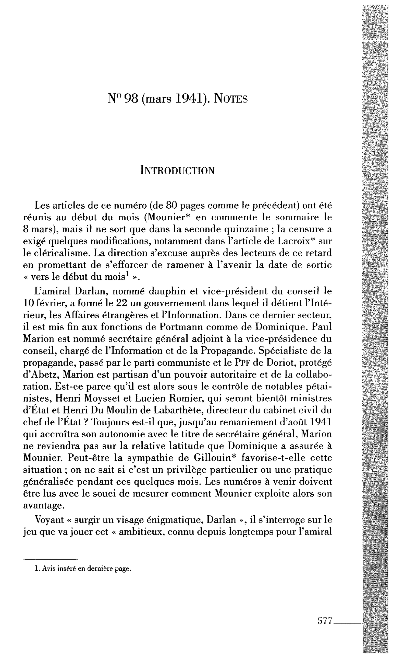 N° 98 (mars 1941). Notes Introduction