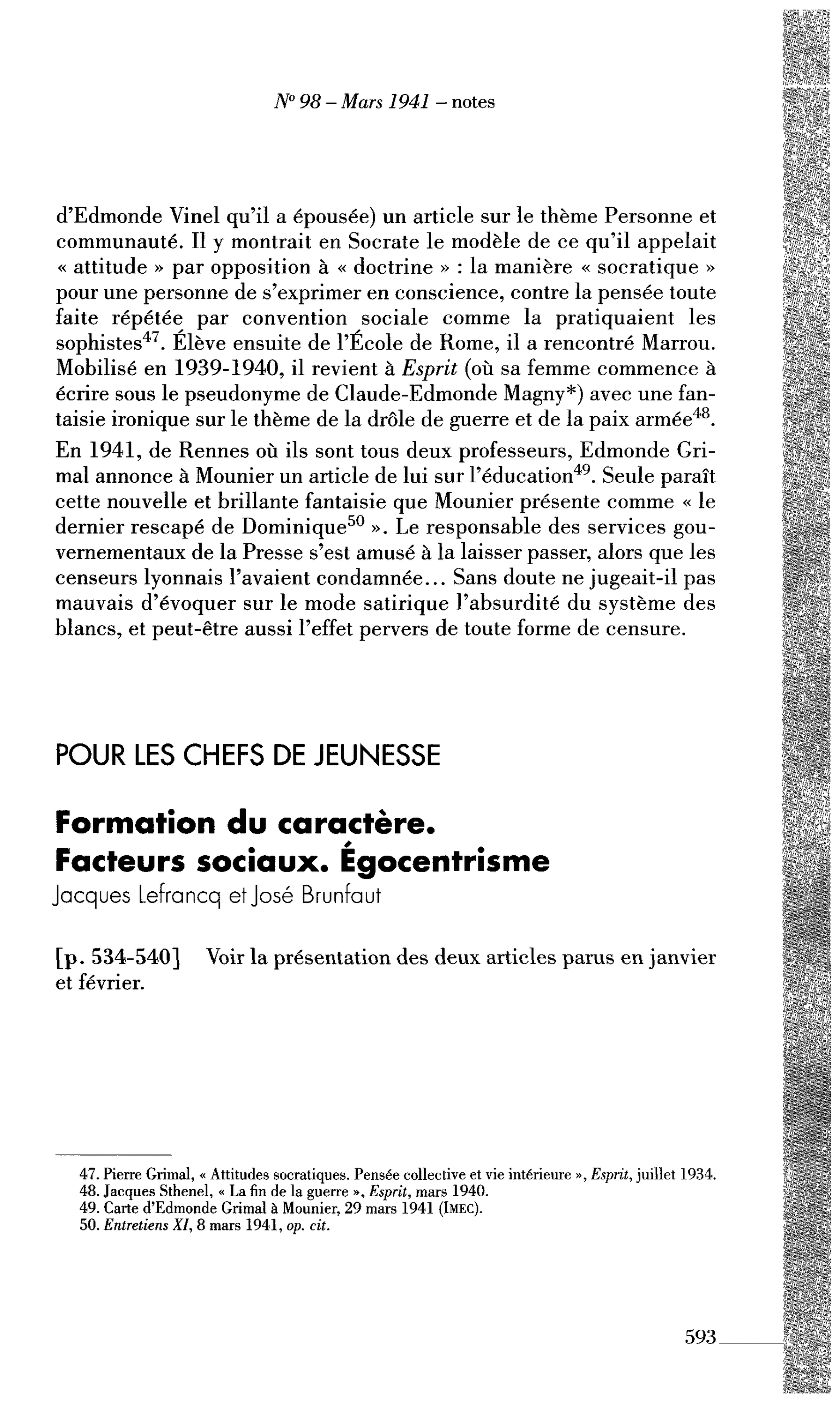 POUR LES CHEFS DE JEUNESSE : Formation du caractère. Facteurs sociaux. Egocentrisme