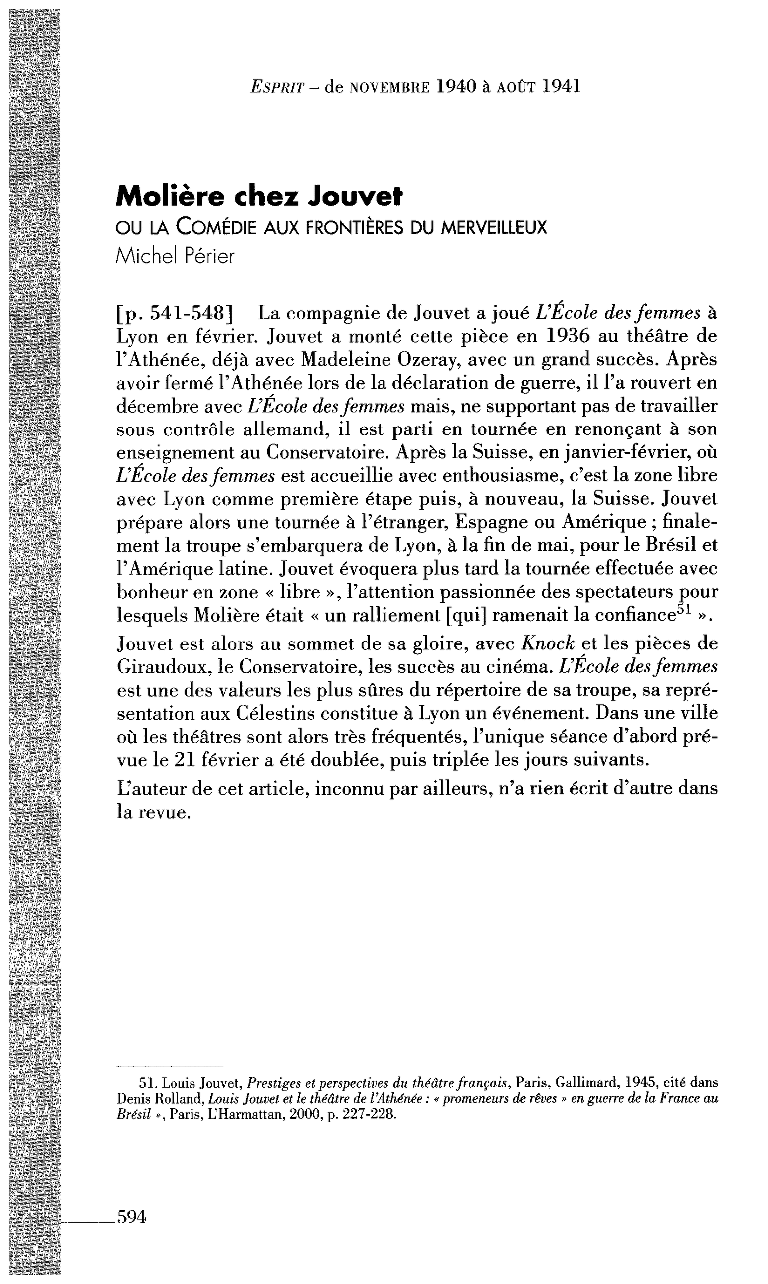 Molière chez Jouvet ou la Comédie aux frontières du merveilleux (par Périer Michel)