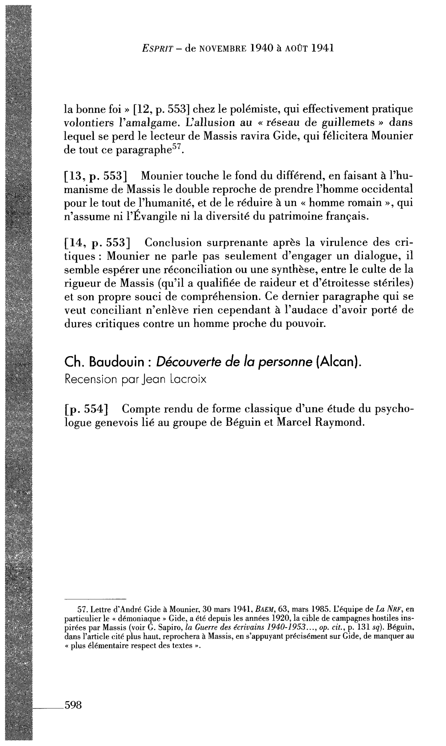 La Pensée engagée : Ch. Baudouin : Découverte de la personne (par Lacroix Jean)