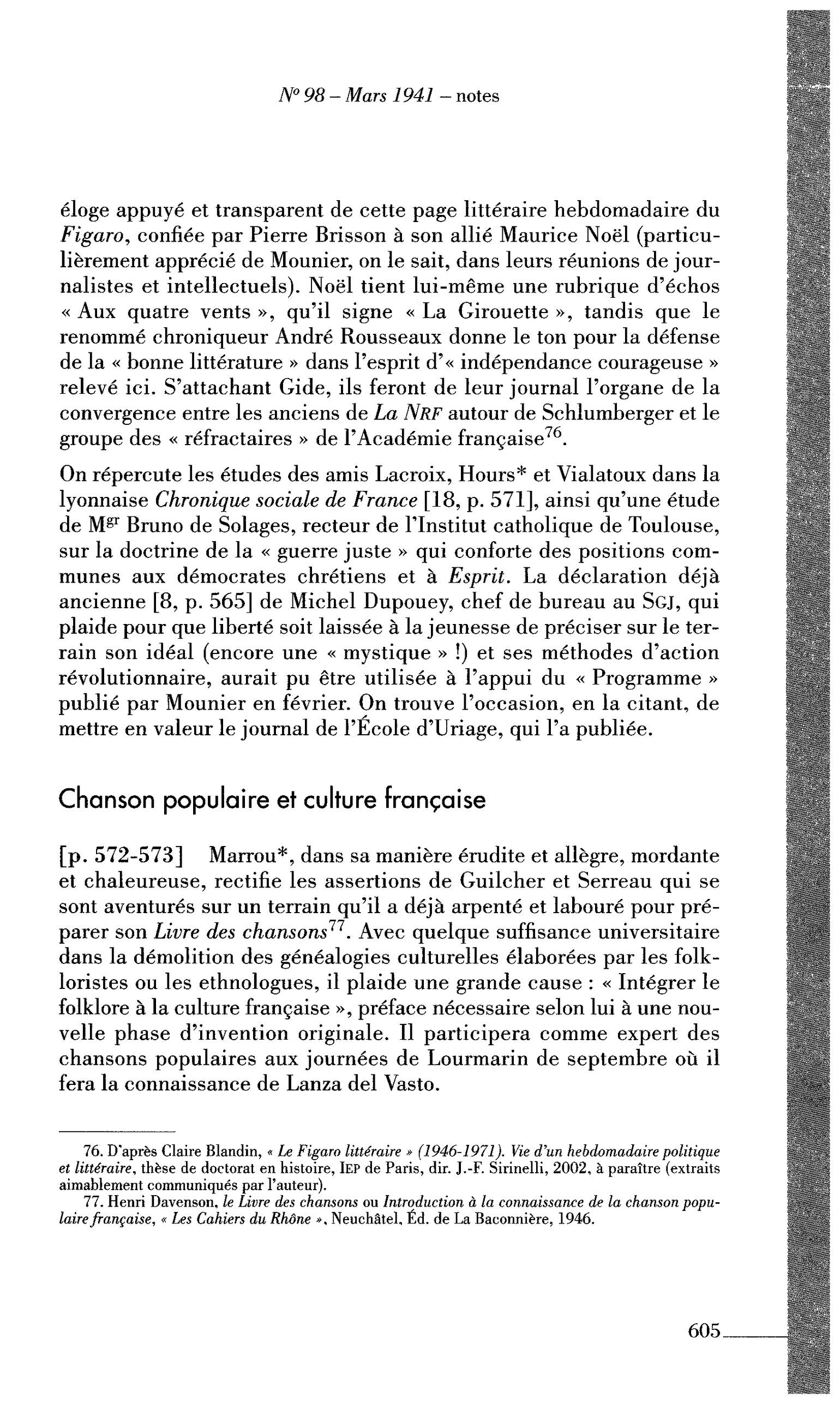 Journal des Témoins : Chanson populaire et culture française