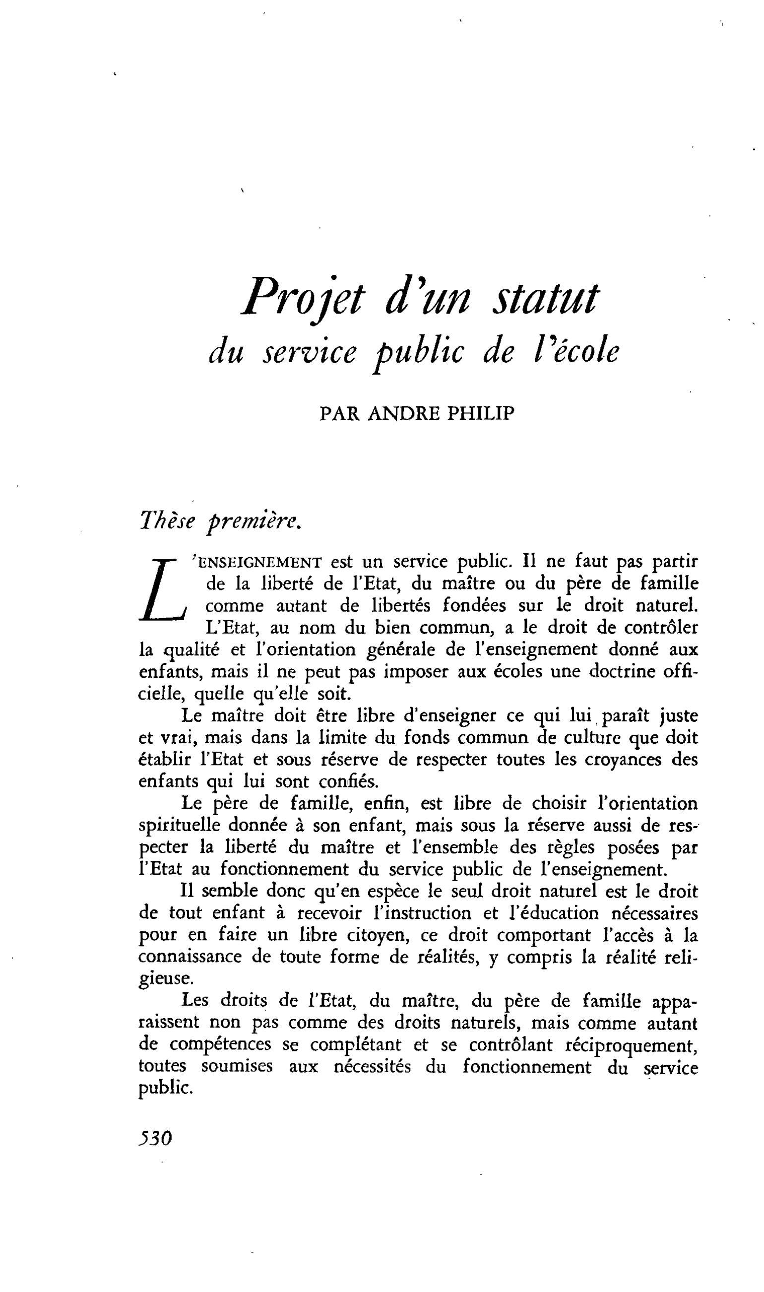Projet d’un statut du service public de l’école