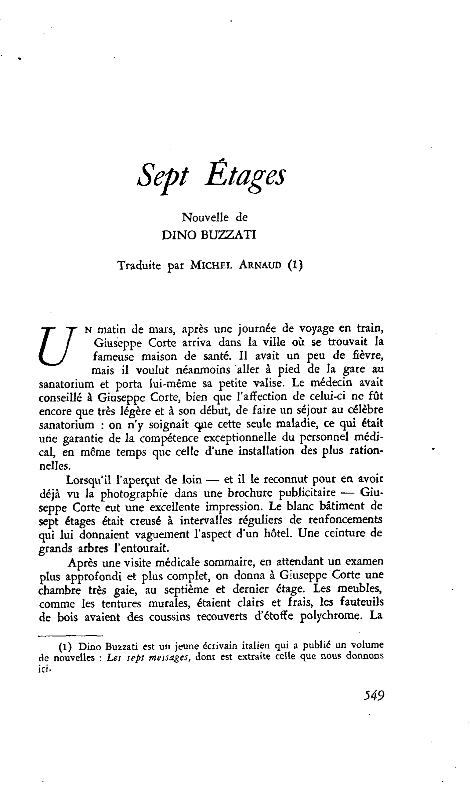 Sept Étages. Nouvelle de DINO BUZZATI