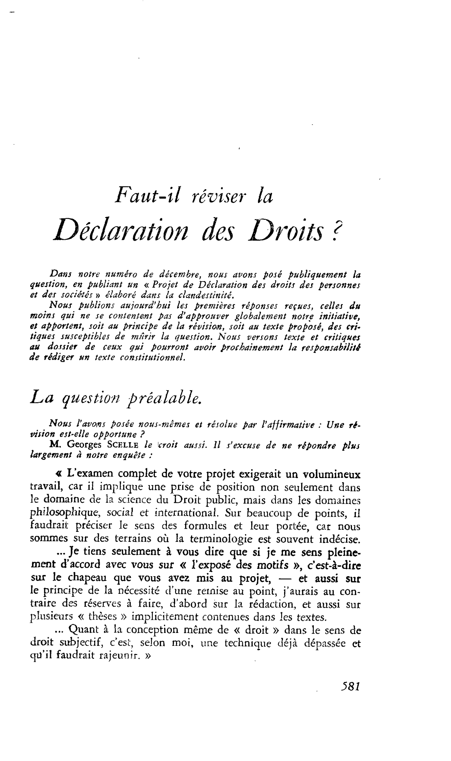Faut-il réviser la Déclaration des Droits ?