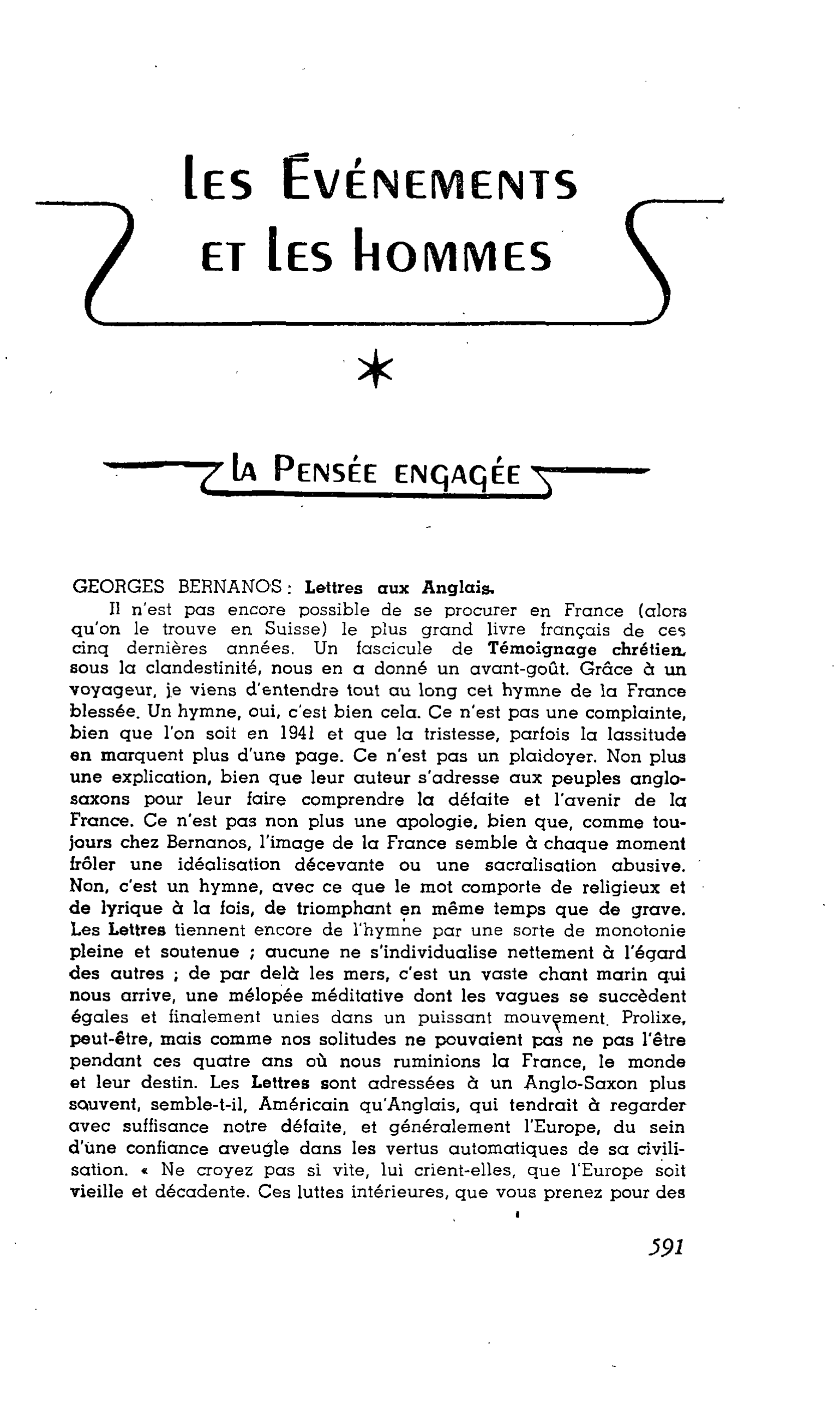 La Pensée Engagée. GEORGES BERNANOS : Lettres aux Anglais
