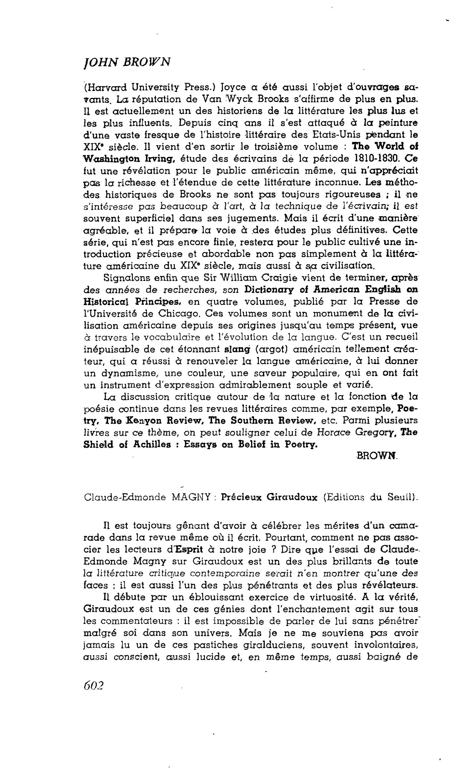Les Lettres. Claude-Edmonde MAGNY : Précieux Giraudoux