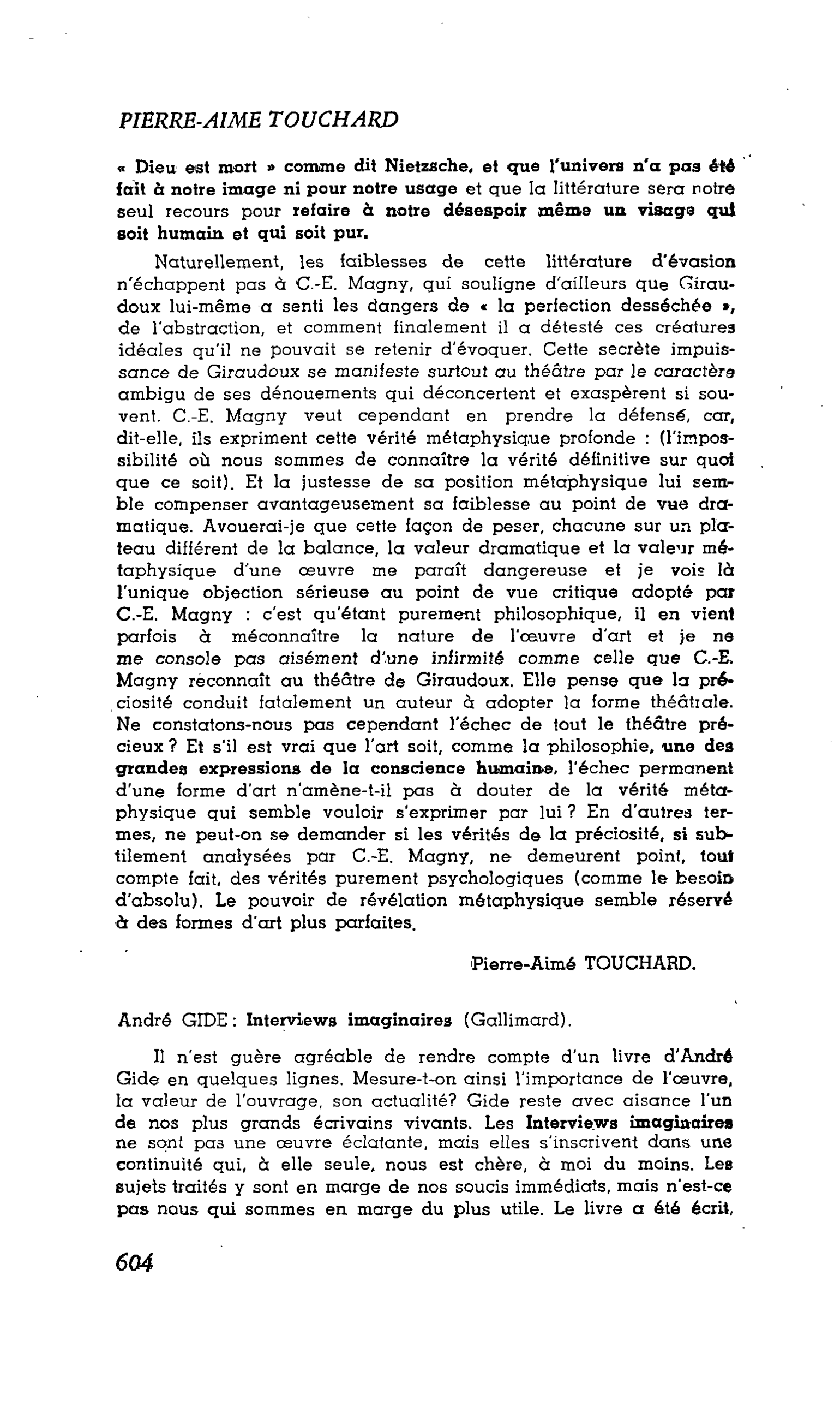 Les Lettres. André GIDE : Interviews imaginaires