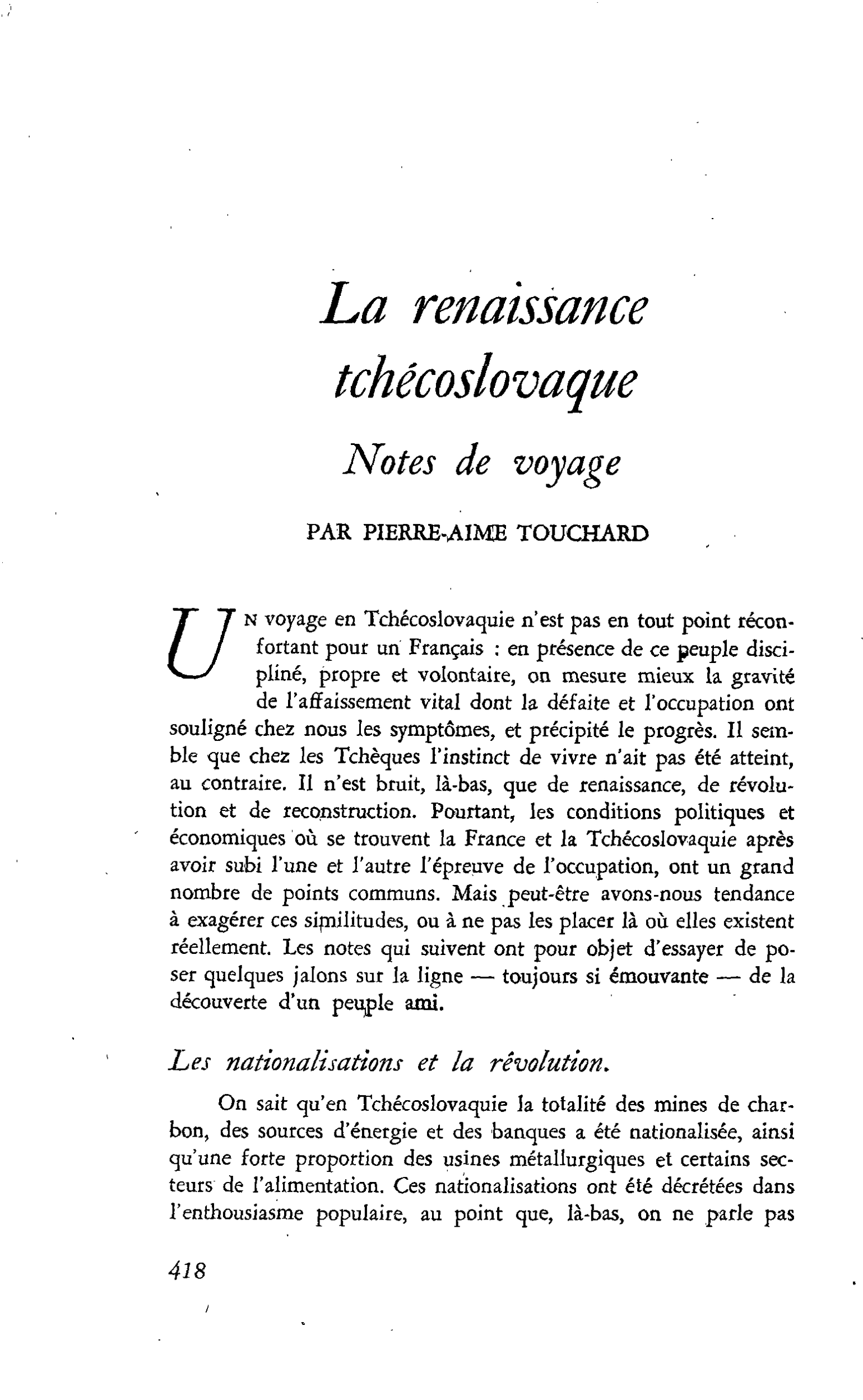 La renaissance tchécoslovaque. Notes de voyage