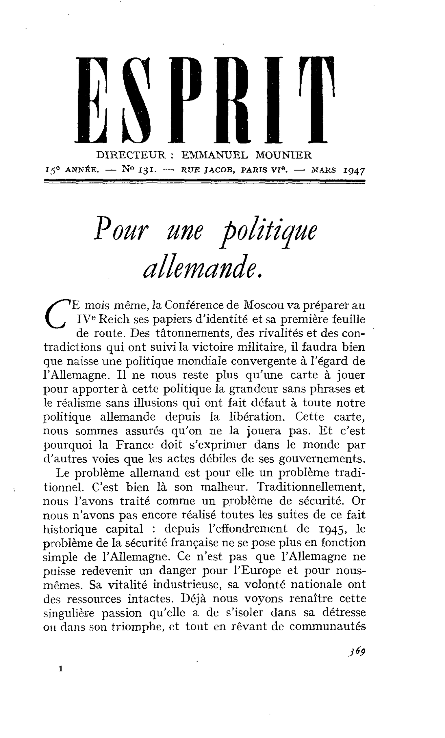Pour une politique allemande