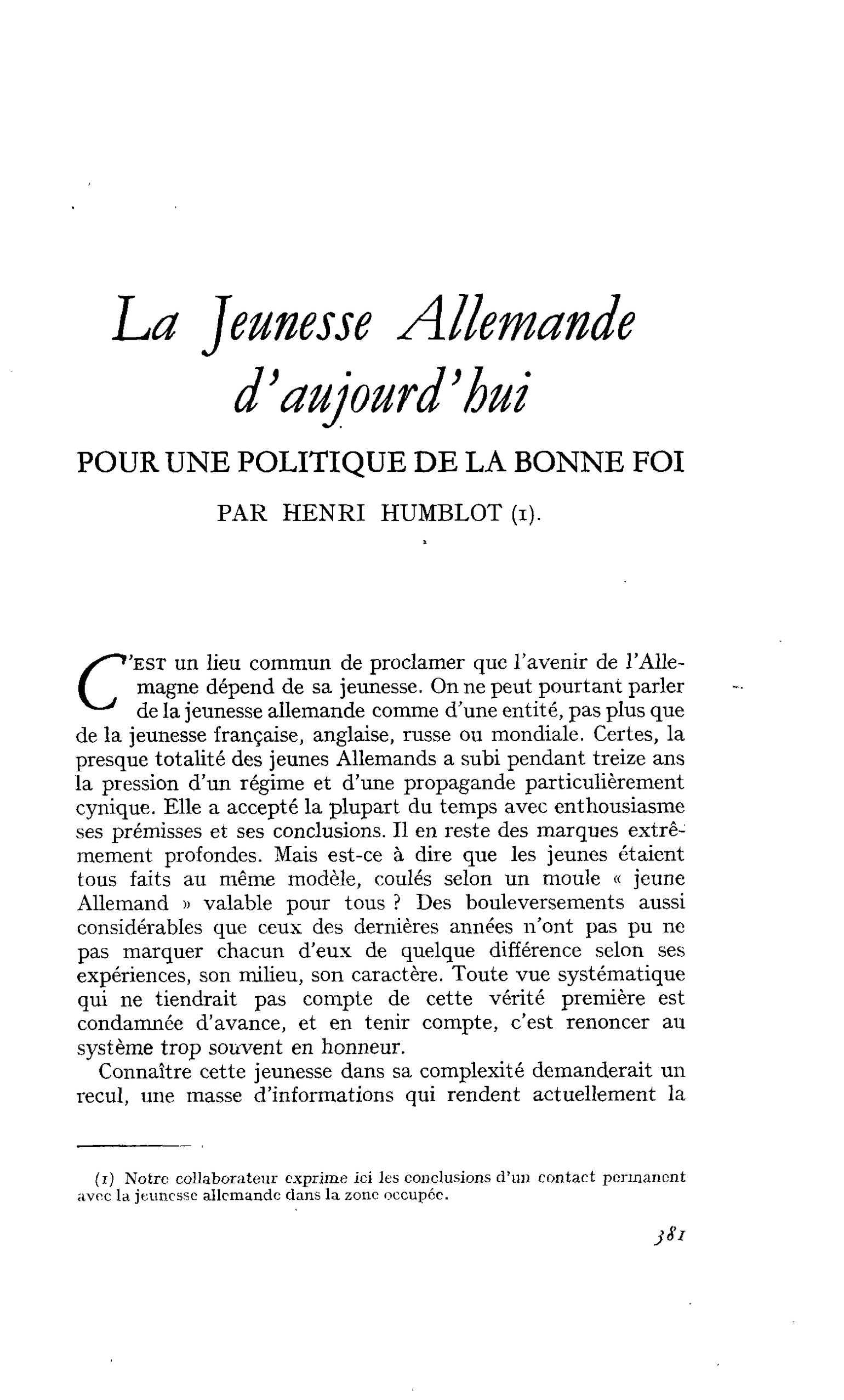 La Jeunesse Allemande d’aujourd’hui : POUR UNE POLITIQUE DE LA BONNE FOI