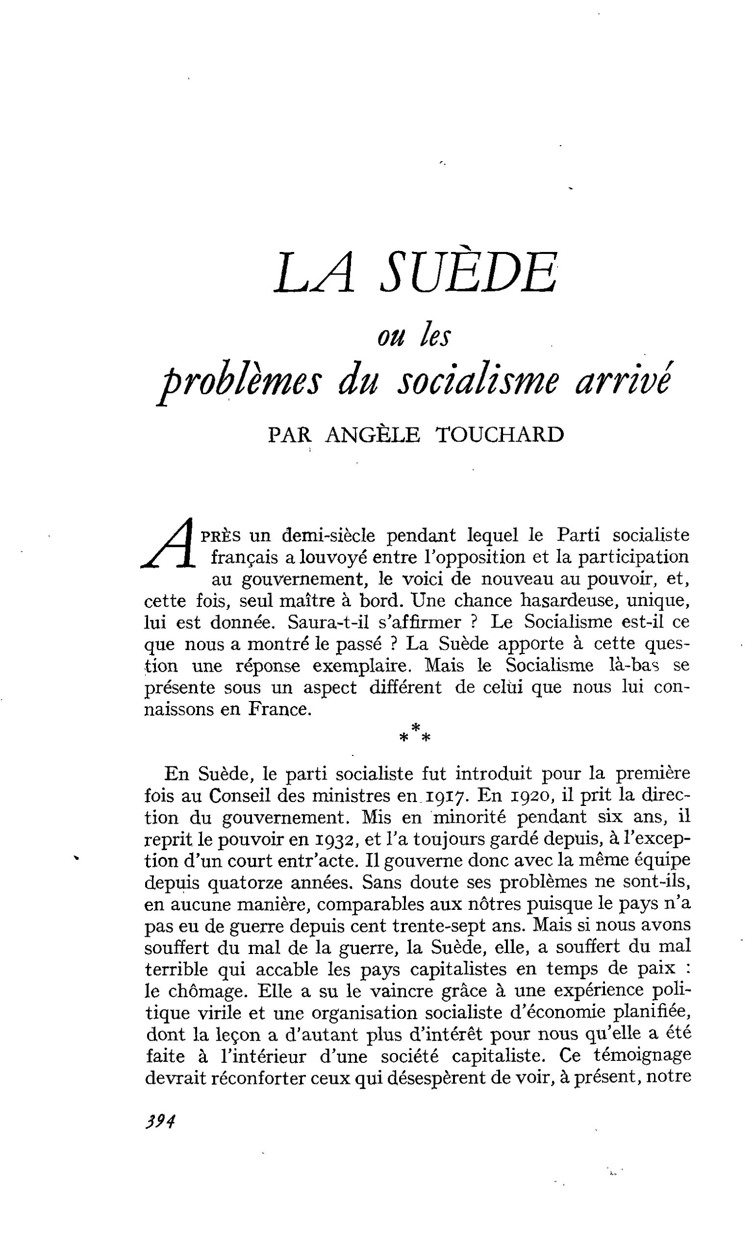 LA SUÈDE ou les problèmes du socialisme arrivé