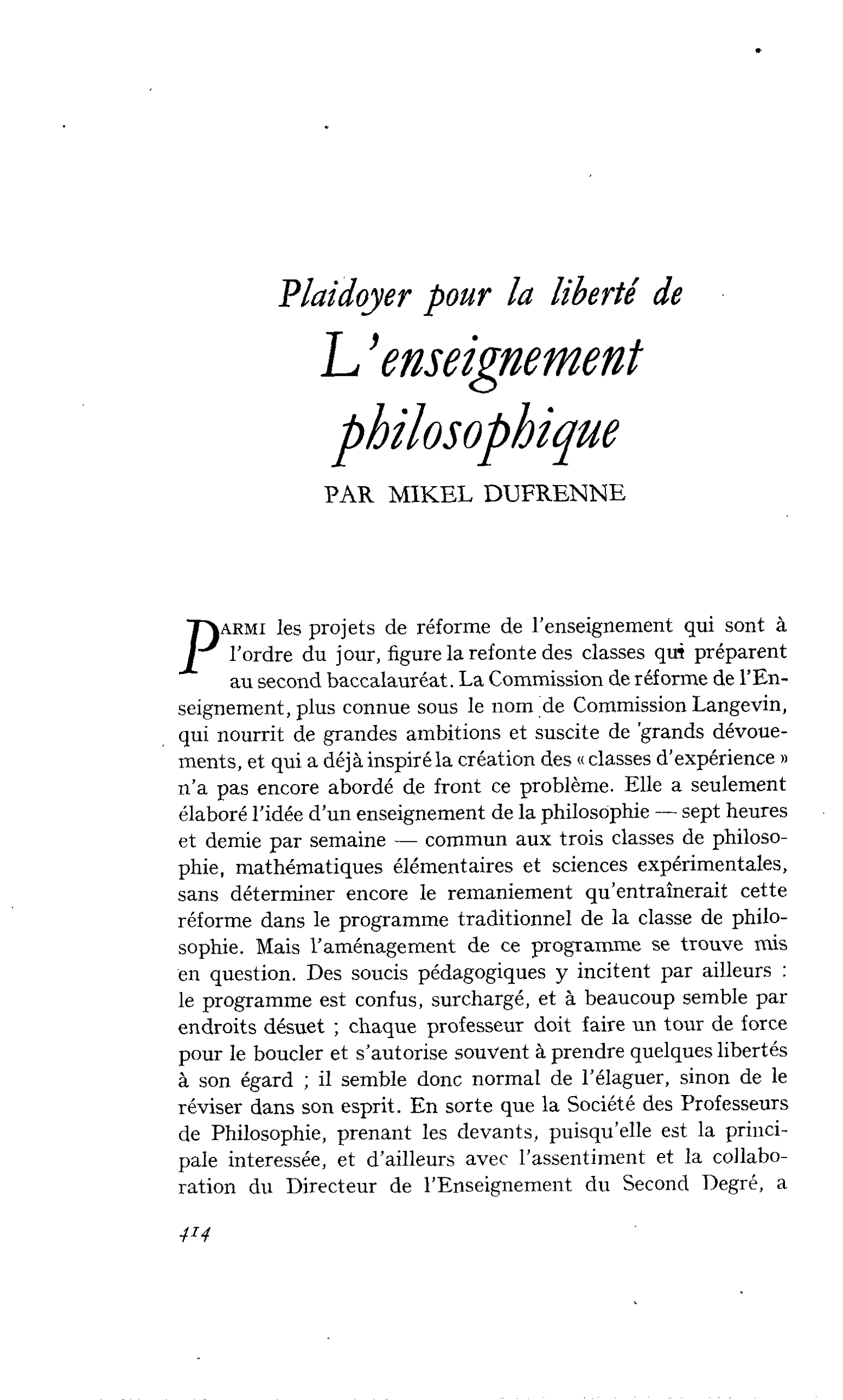Plaidoyer pour la liberté de L’enseignement philosophique