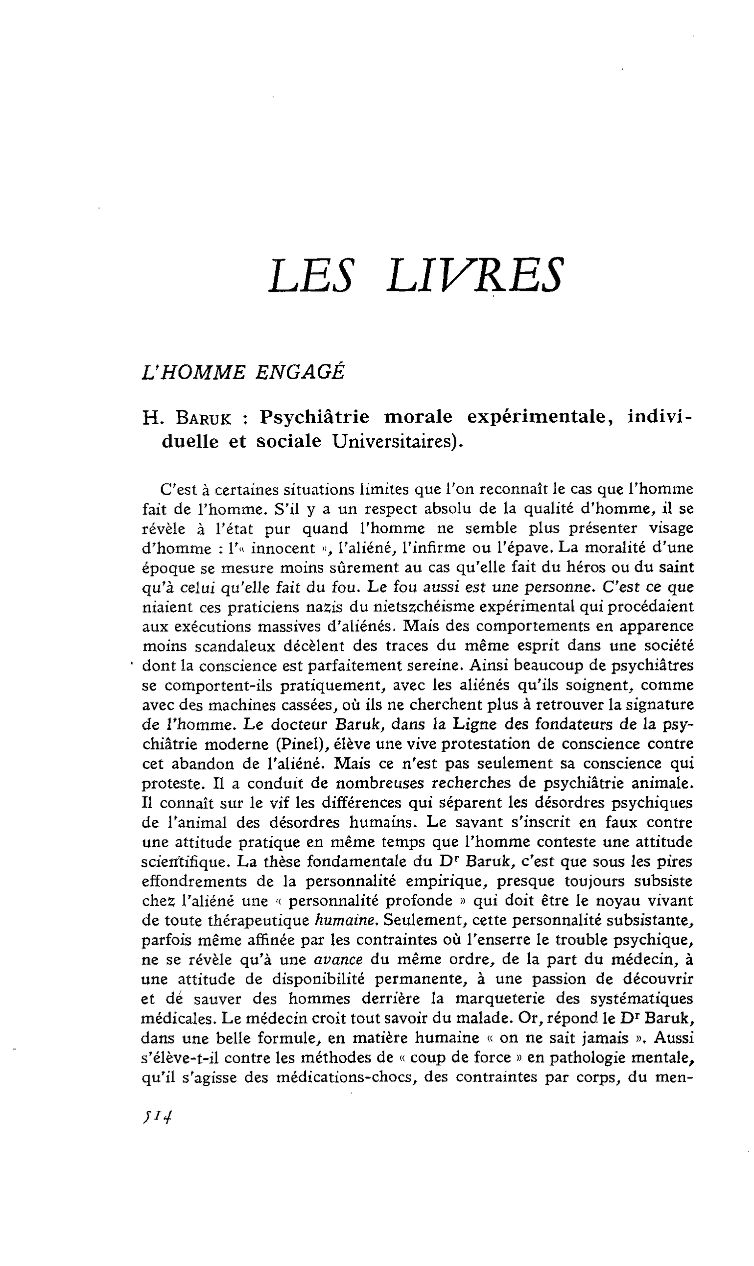 L’HOMME ENGAGÉ : H. Baruk : Psychiatrie morale expérimentale, individuelle et sociale