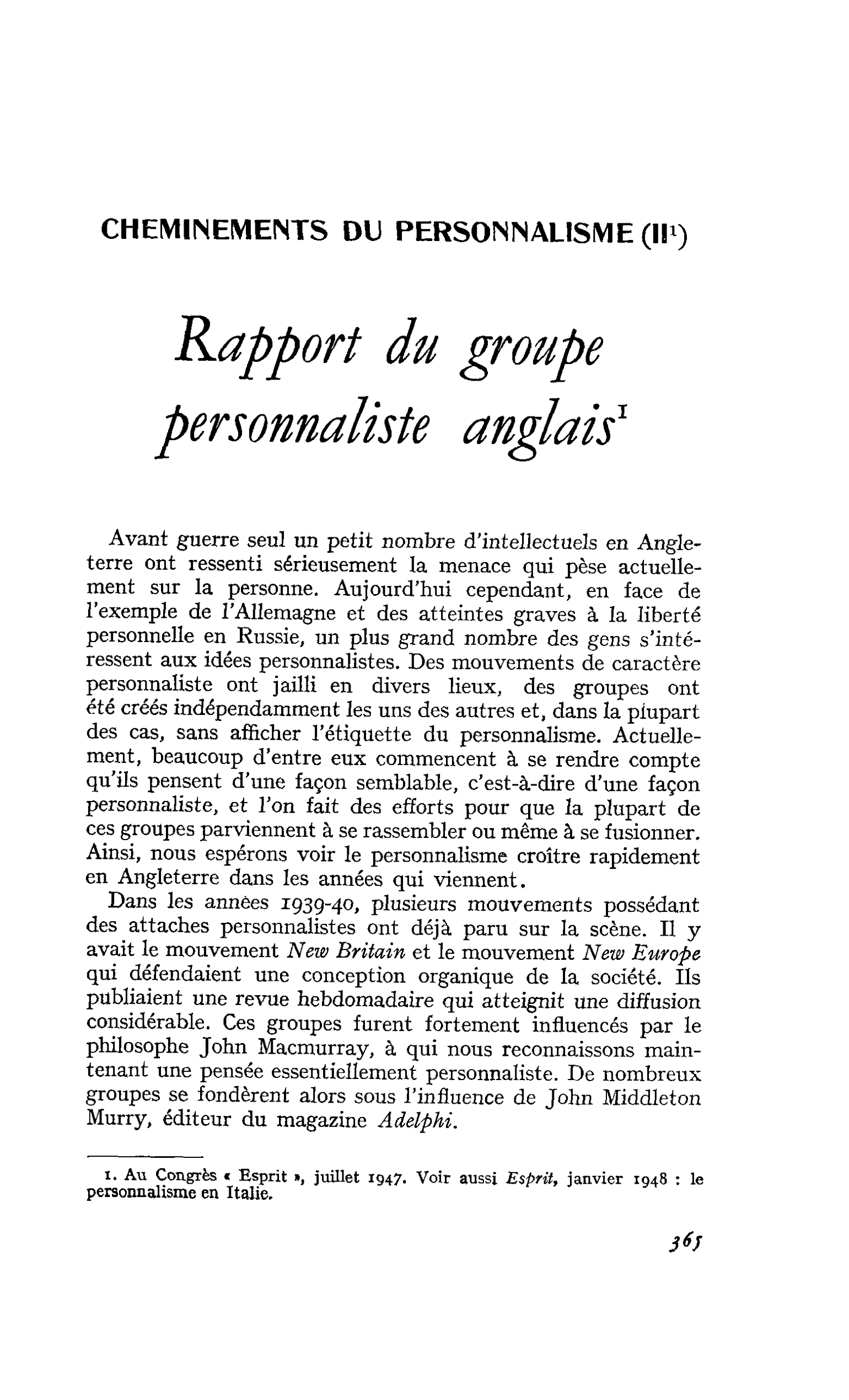 Rapport du groupe personnaliste anglais