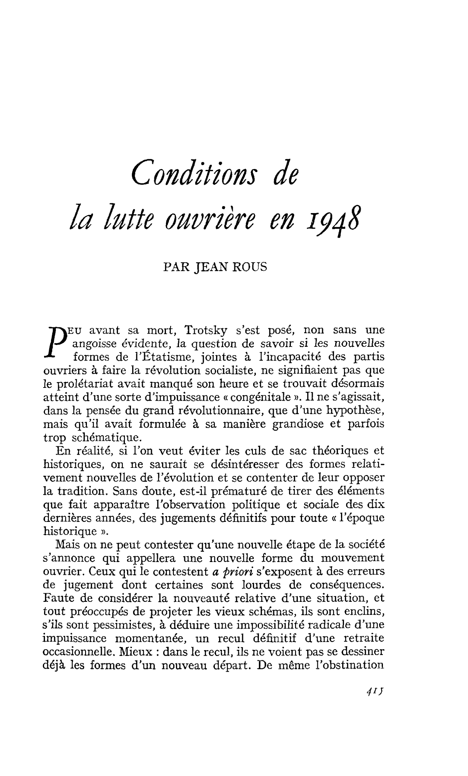 Conditions de la lutte ouvrière en 1948