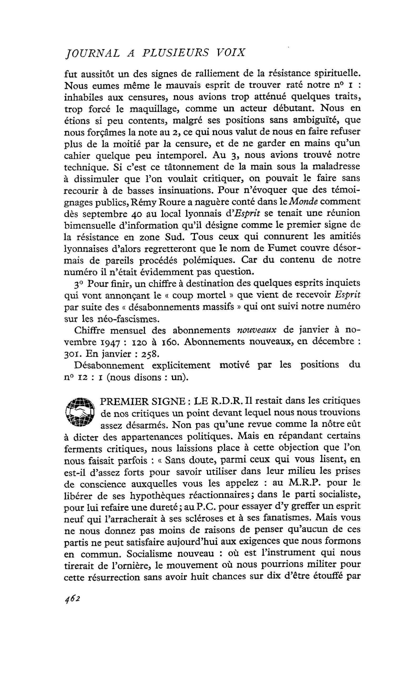 PREMIER SIGNE : LE R.D.R.