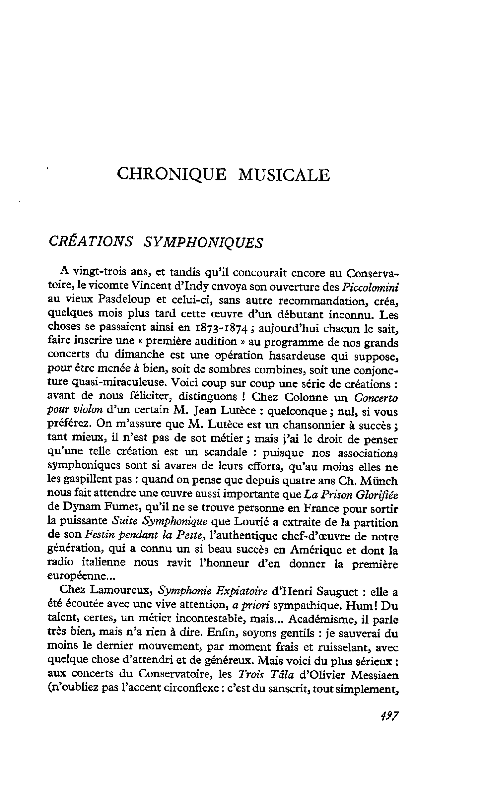 CHRONIQUE MUSICALE CRÉATIONS SYMPHONIQUES