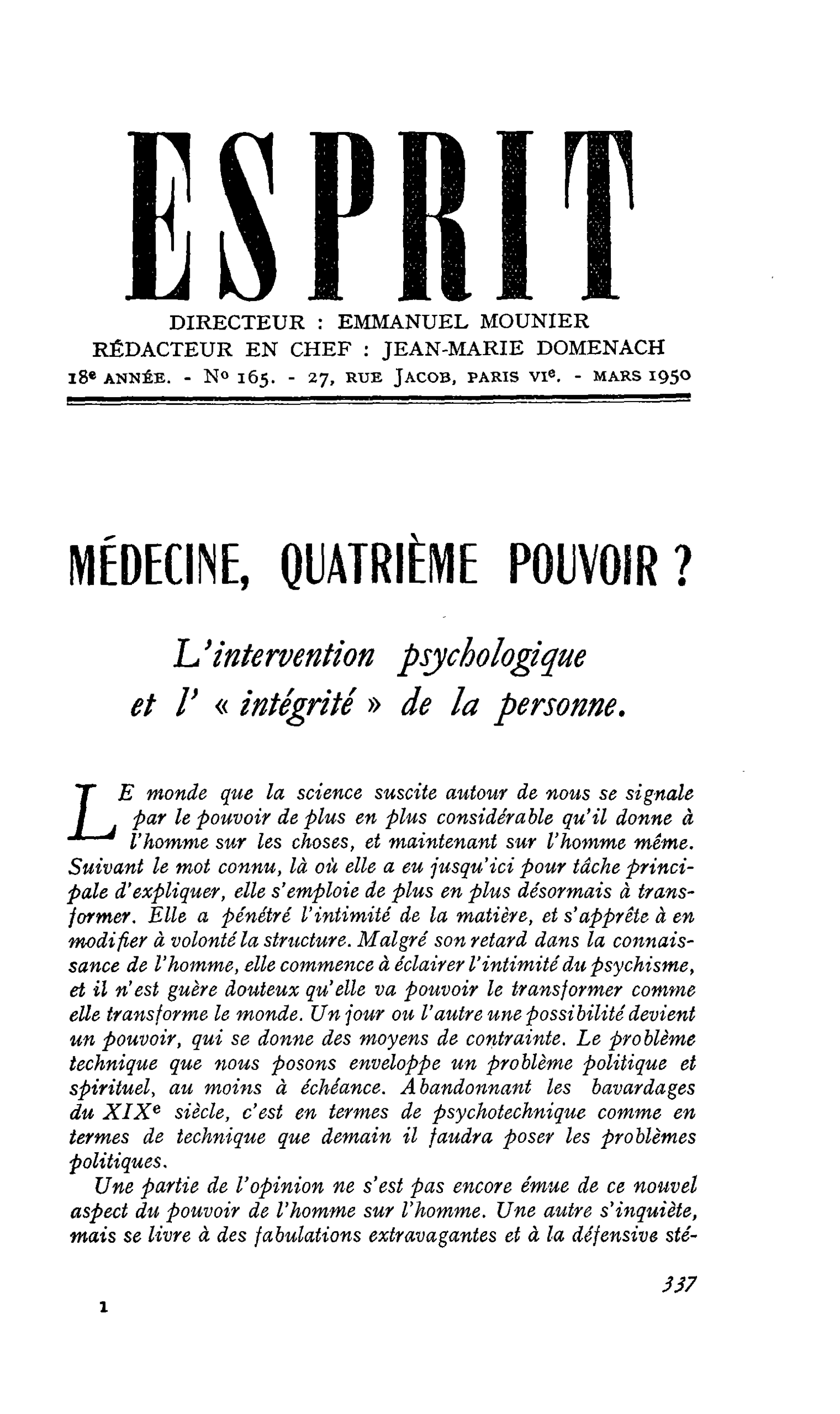 L’intervention psychologique et l’« intégrité » de la personne