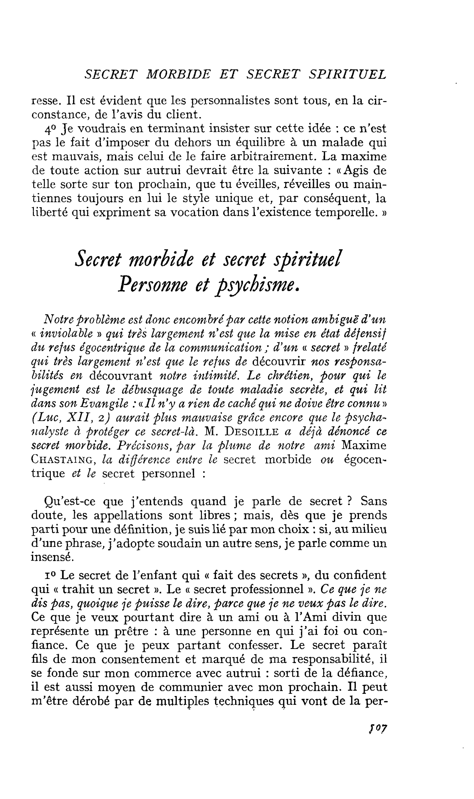 Secret morbide et secret spirituel Personne et psychisme