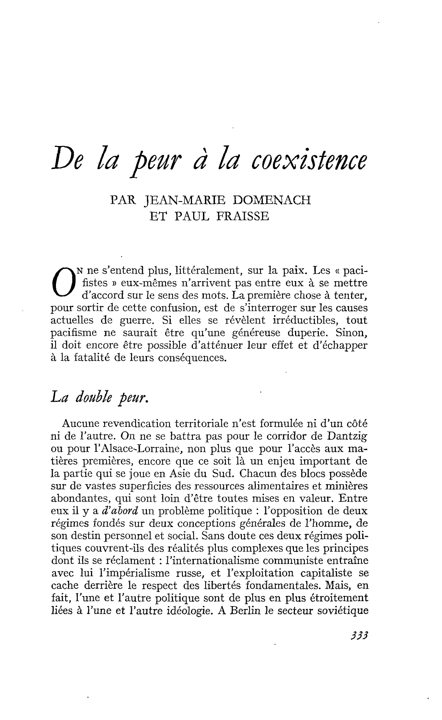 De la peur à la coexistence