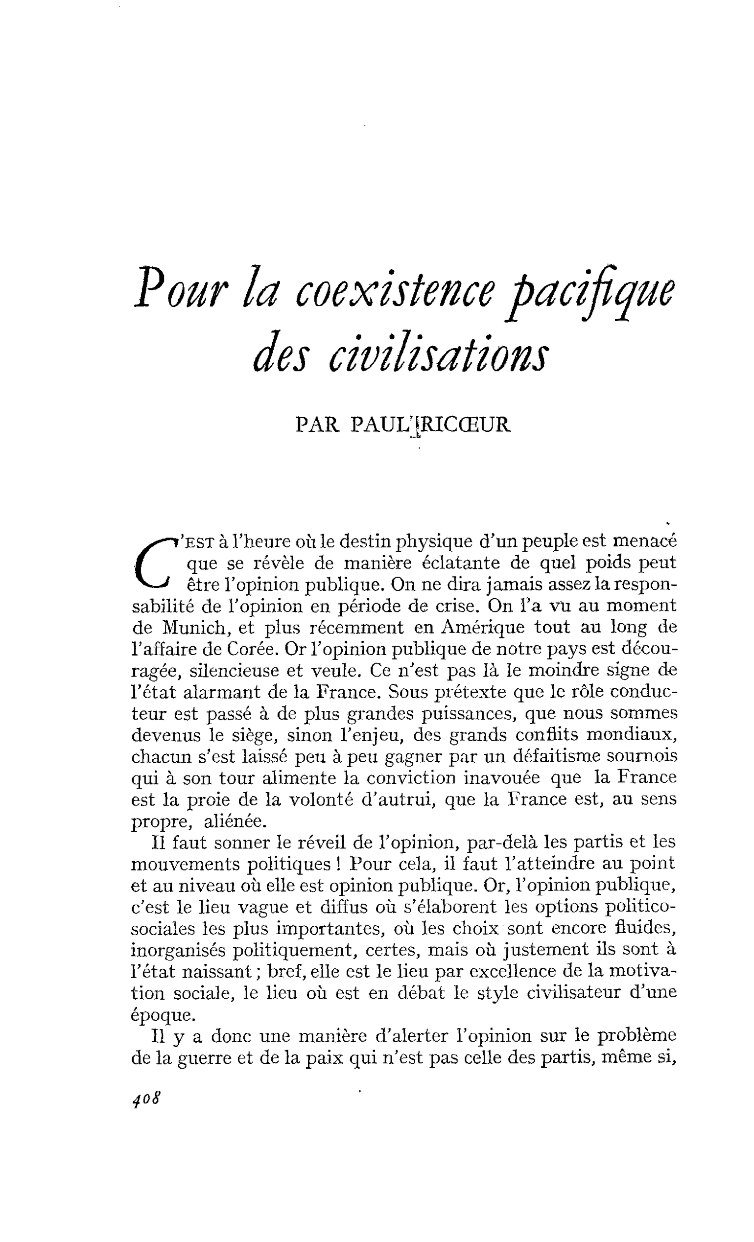 Pour la coexistence pacifique des civilisations