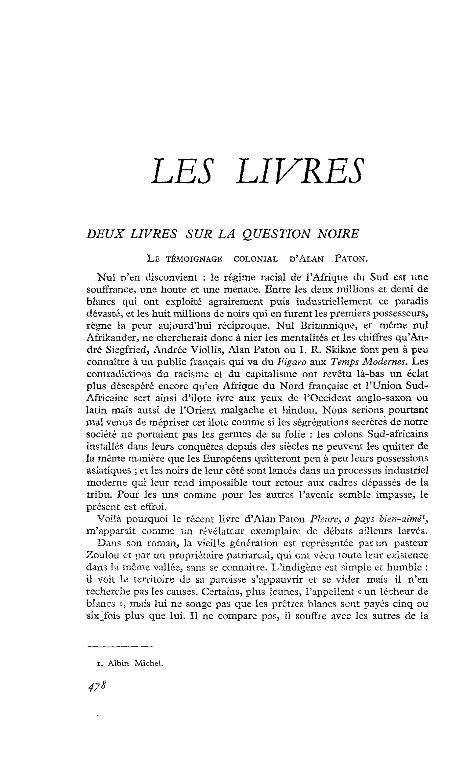 DEUX LIVRES SUR LA QUESTION NOIRE : Le témoignage colonial d’Alan Paton