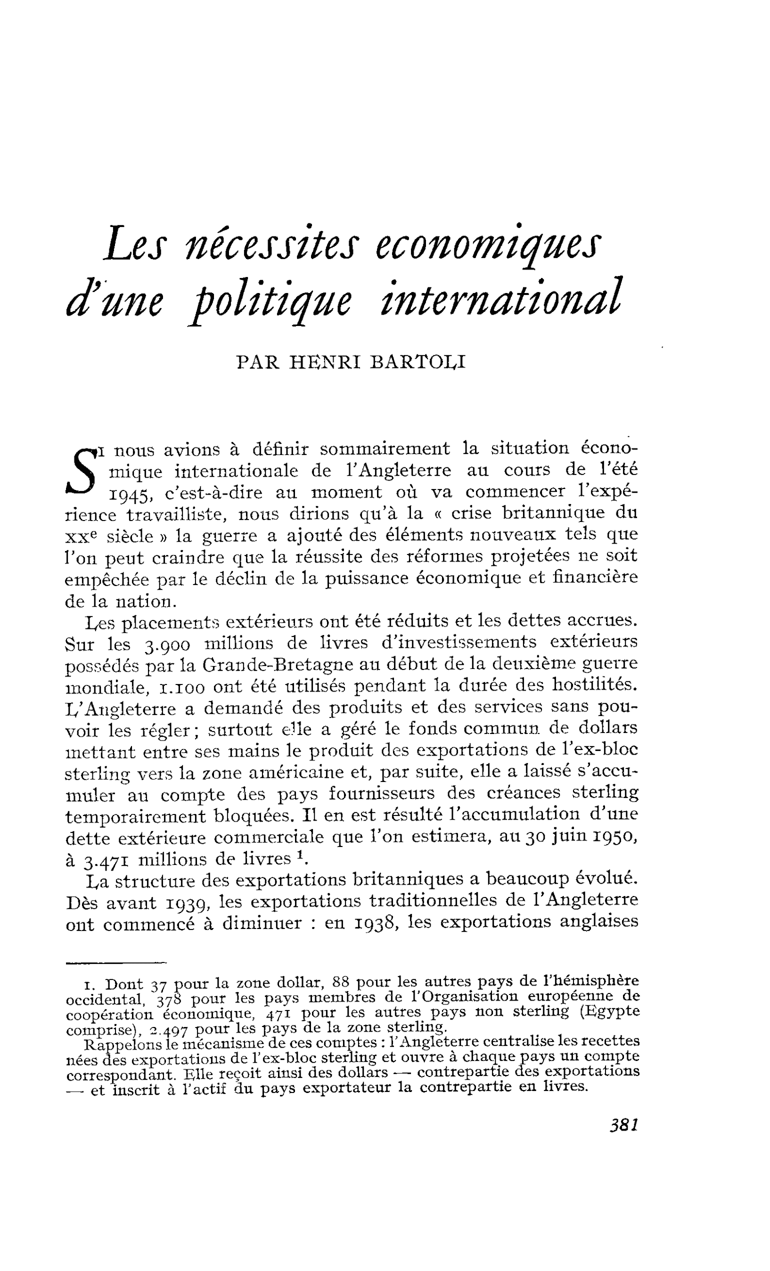 Les nécessites économiques d’une politique internationale