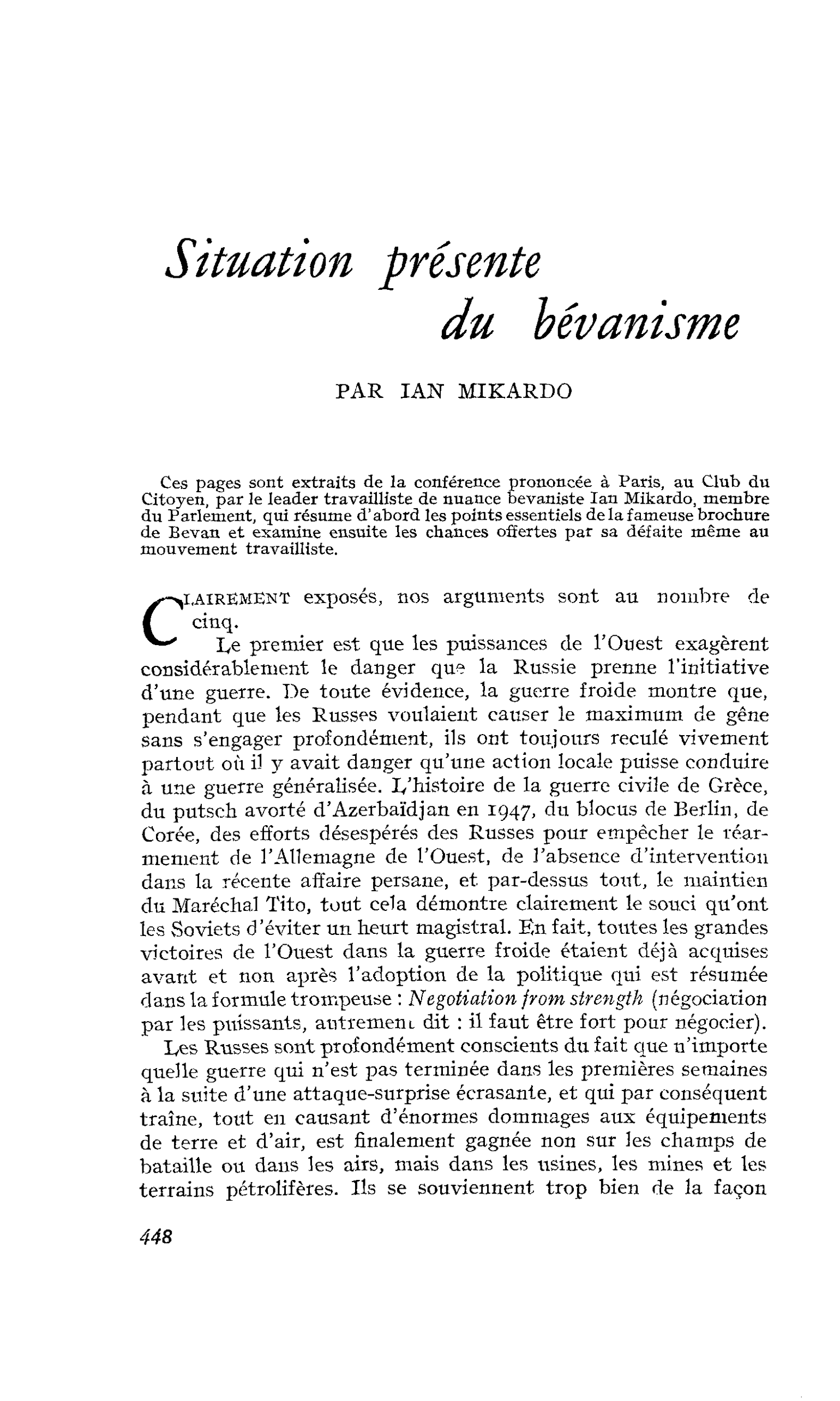 Situation présente du bévanisme