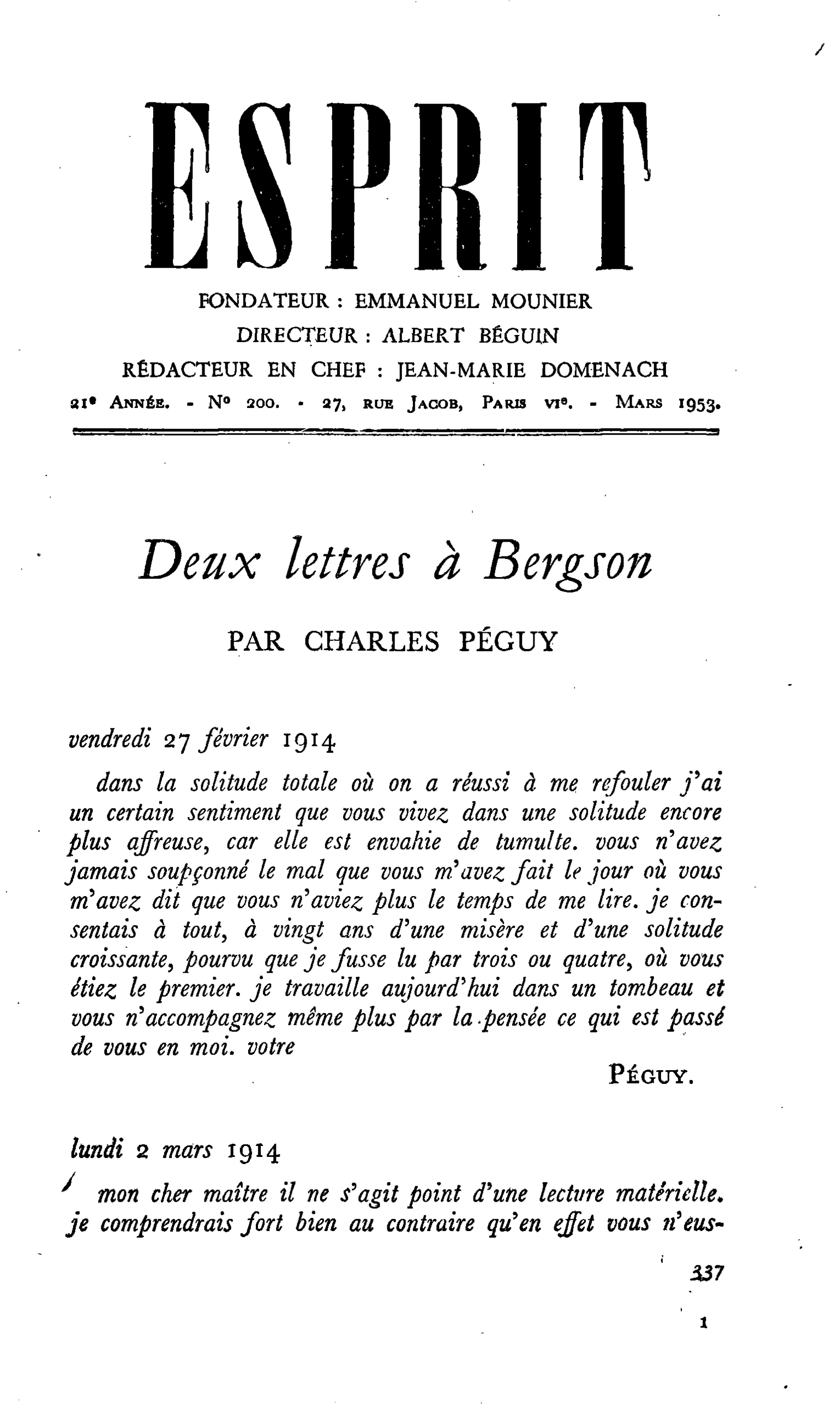 Deux lettres à Bergson