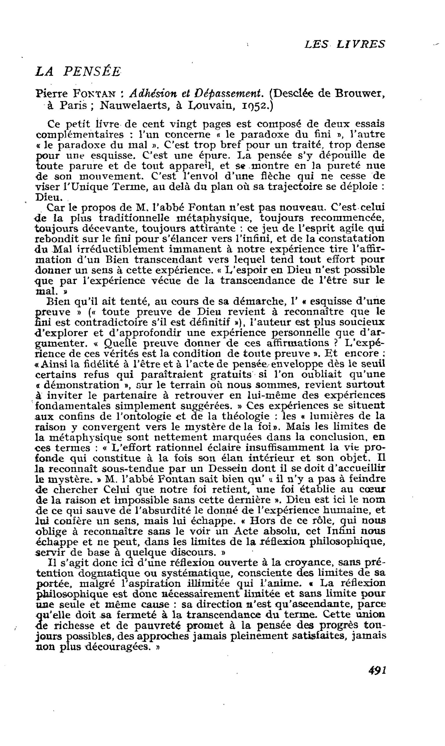 Pierre Fontan : Adhésion et Dépassement.