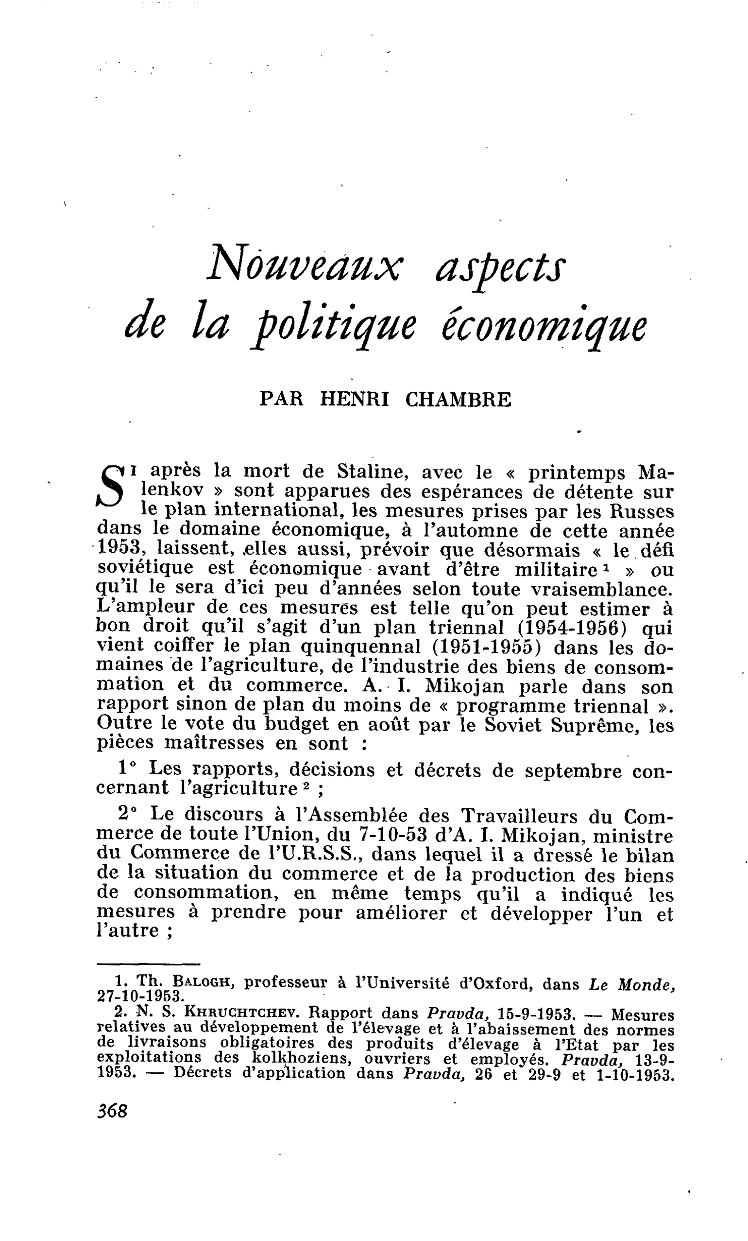Nouveaux aspects de la politique économique