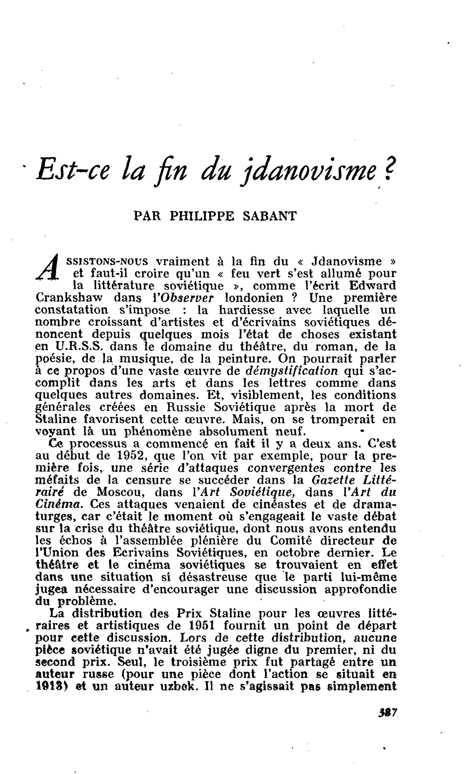 Est-ce la fin du jdanovisme ?