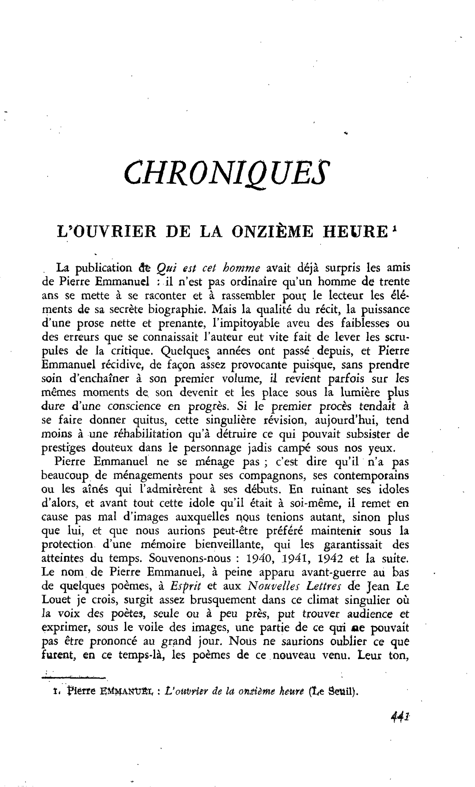 L’OUVRIER DE LA ONZIÈME HEURE