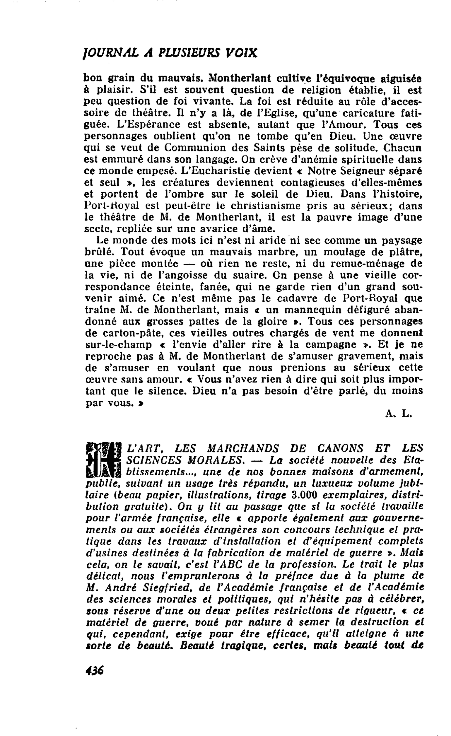 L’ART, LES MARCHANDS DE CANONS ET LES SCIENCES MORALES
