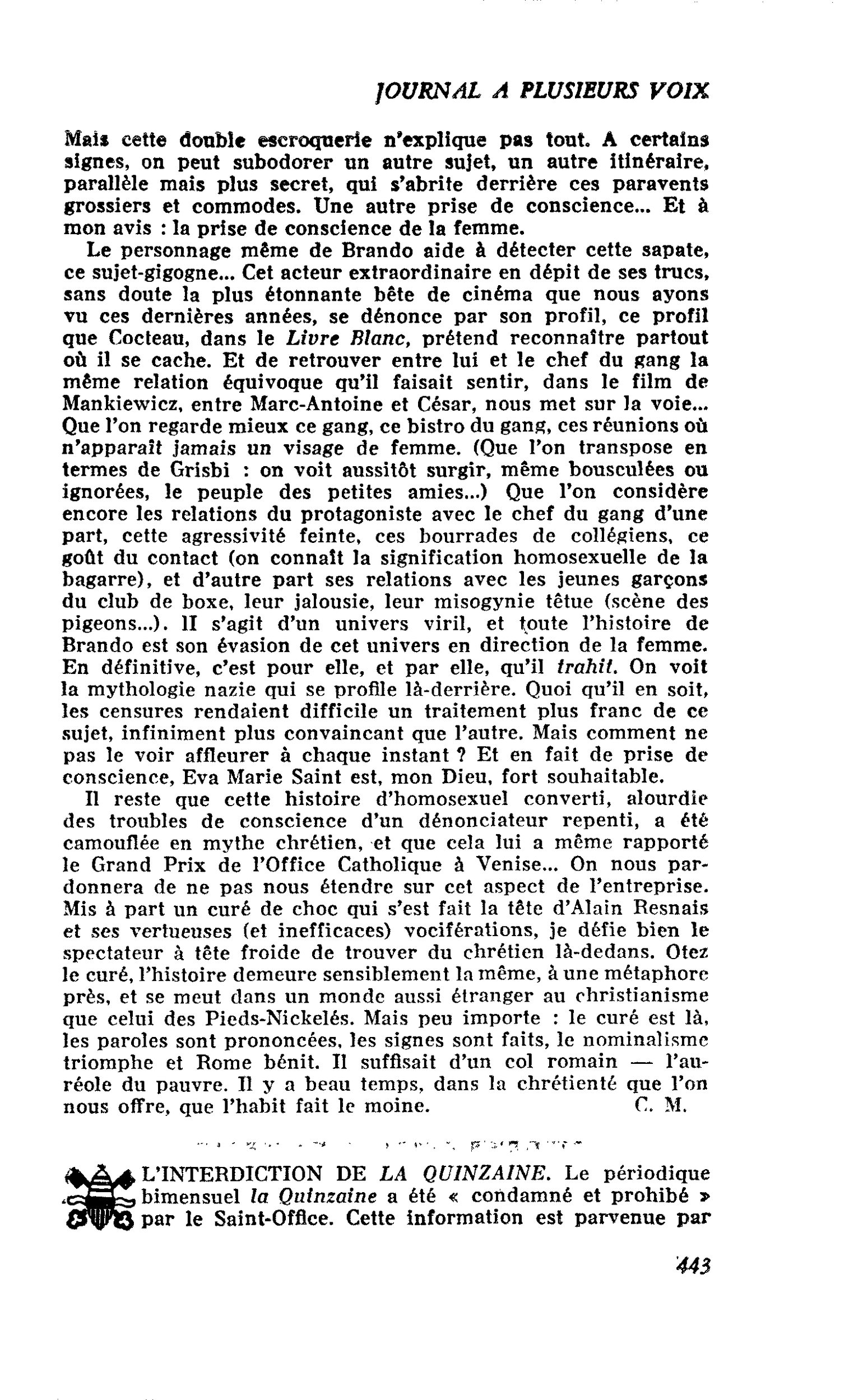 L’INTERDICTION DE LA QUINZAINE