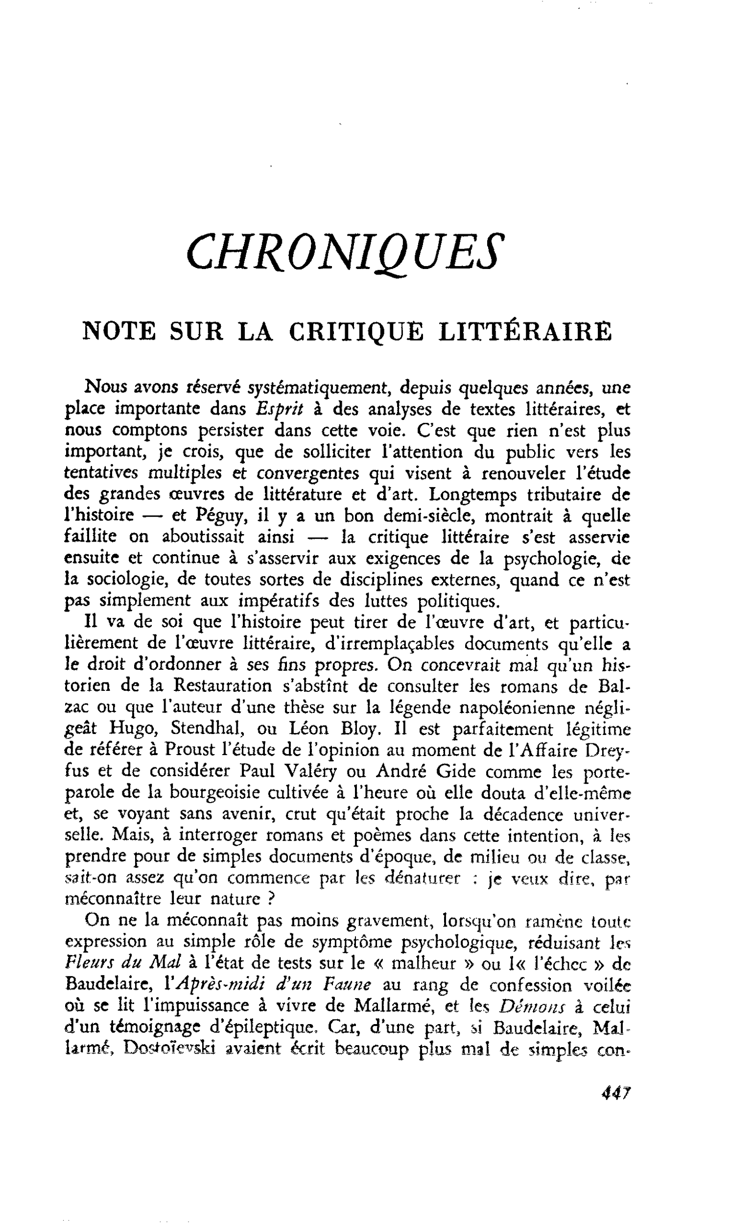 NOTE SUR LA CRITIQUE LITTÉRAIRE