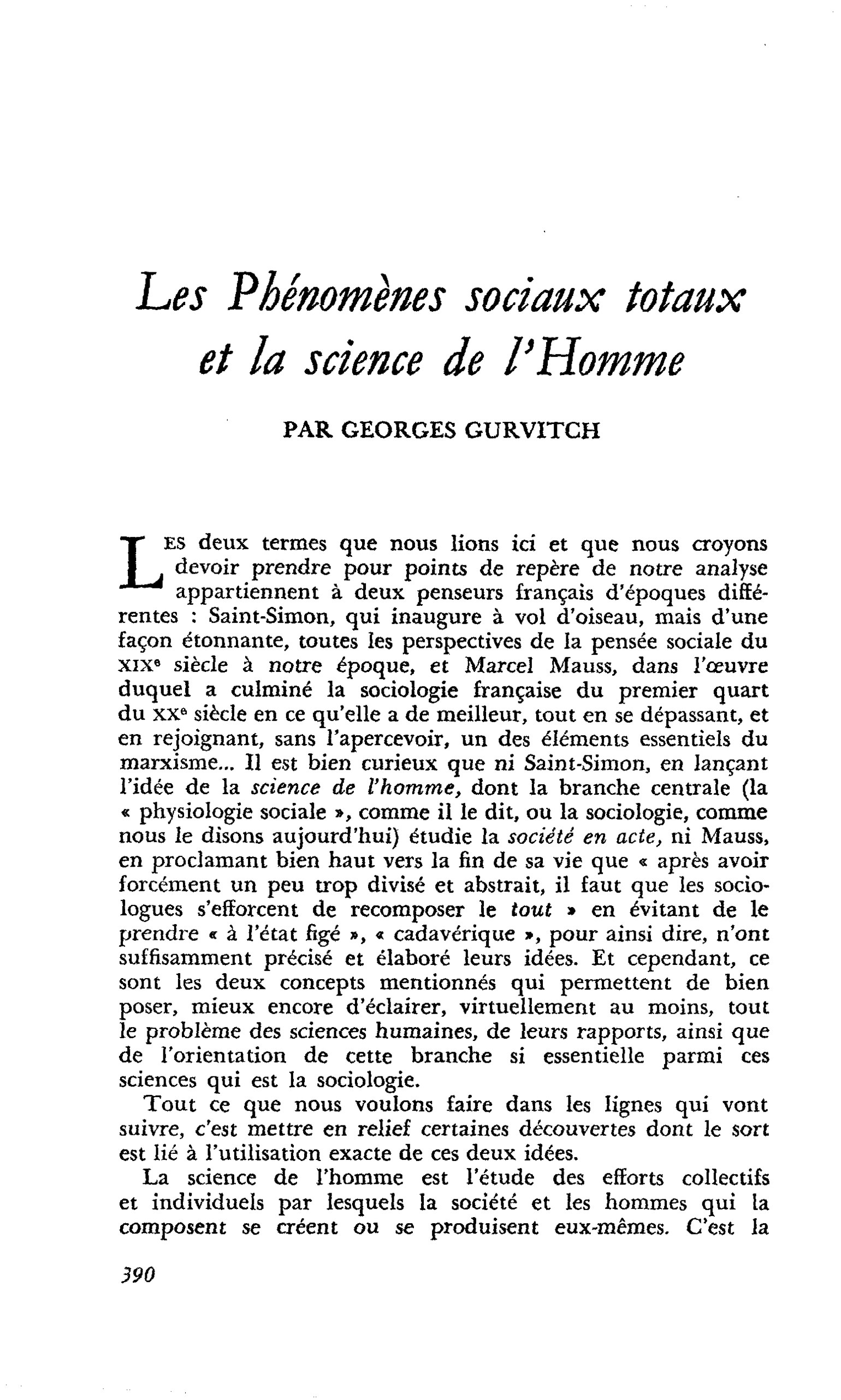 Les Phénomènes sociaux totaux et la science de l’Homme