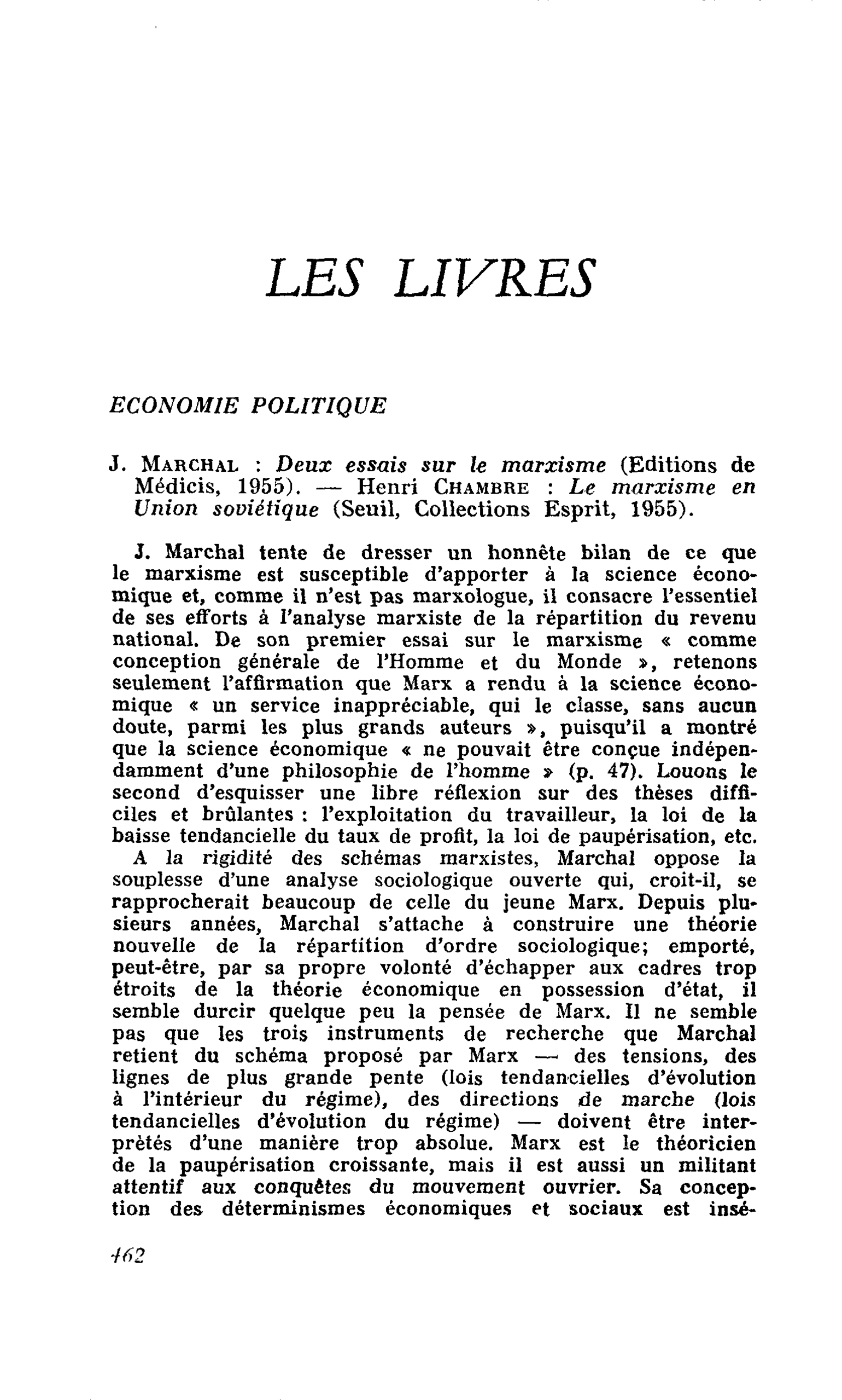 J. Marchal : Deux essais sur le marxisme. ? Henri Chambre : Le marxisme en Union soviétique